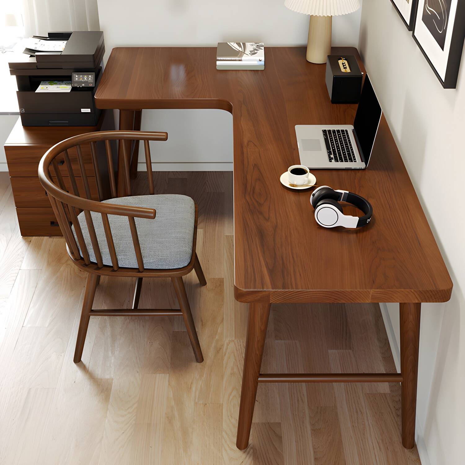 Modern Style Solid Wood Writing Desk L-Shape Office Table in Brown