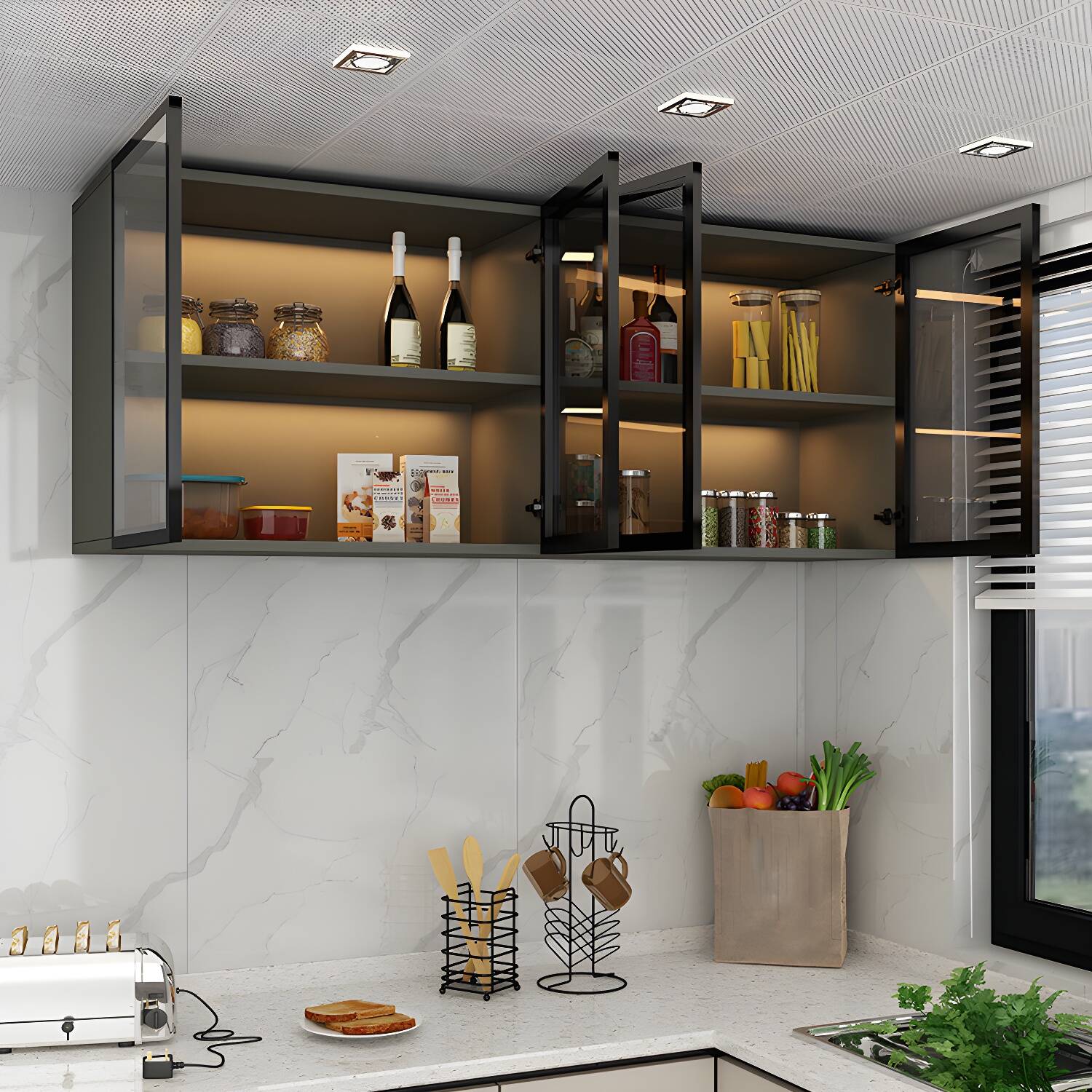 Modern Wall Mounted Display Stand Faux Wood Storage Cabinet for Dining Room