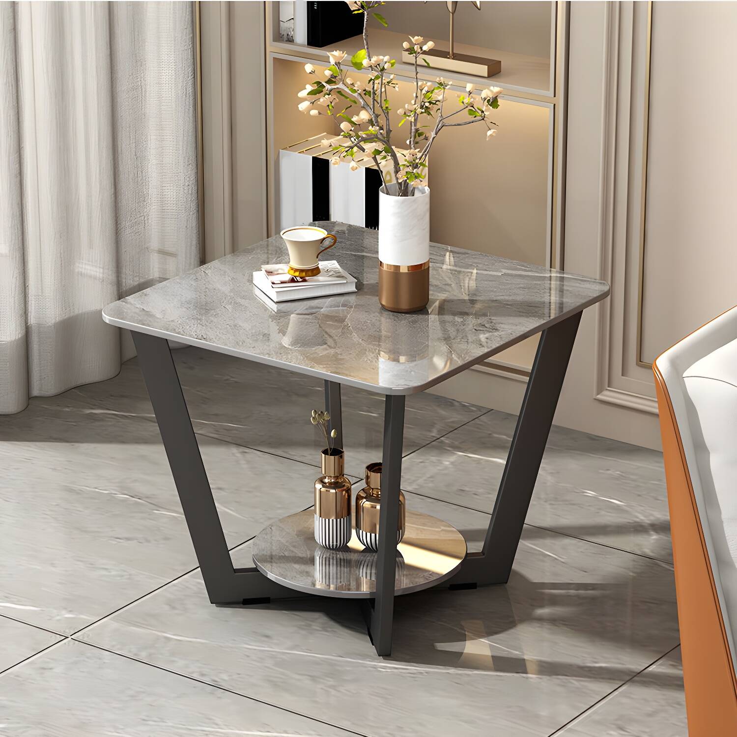 Modernistic Square Storage End Table 19.7" Tall Cross Legs Side Table
