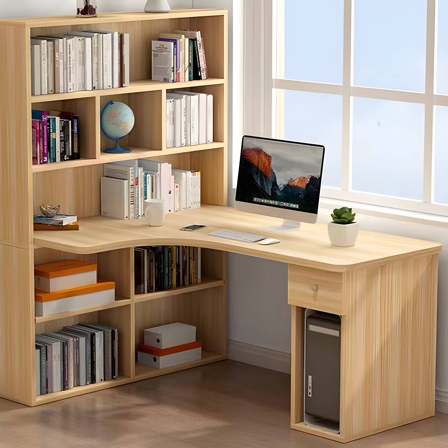 Engineered Wood Home Writing Desk 1 Drawer Rectangular Office Desk with Bookshelf