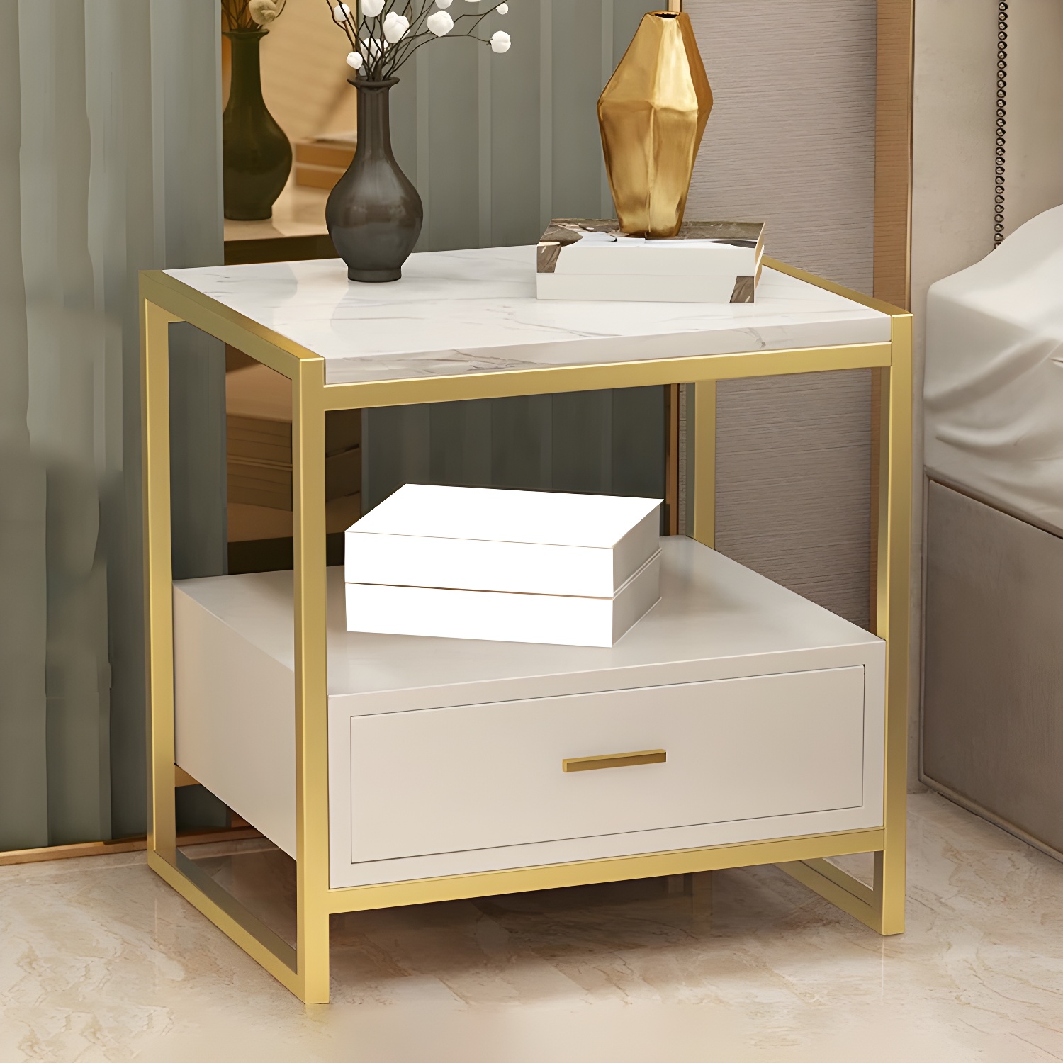 Contemporary Night Table Faux Marble Bed Nightstand for Bedroom