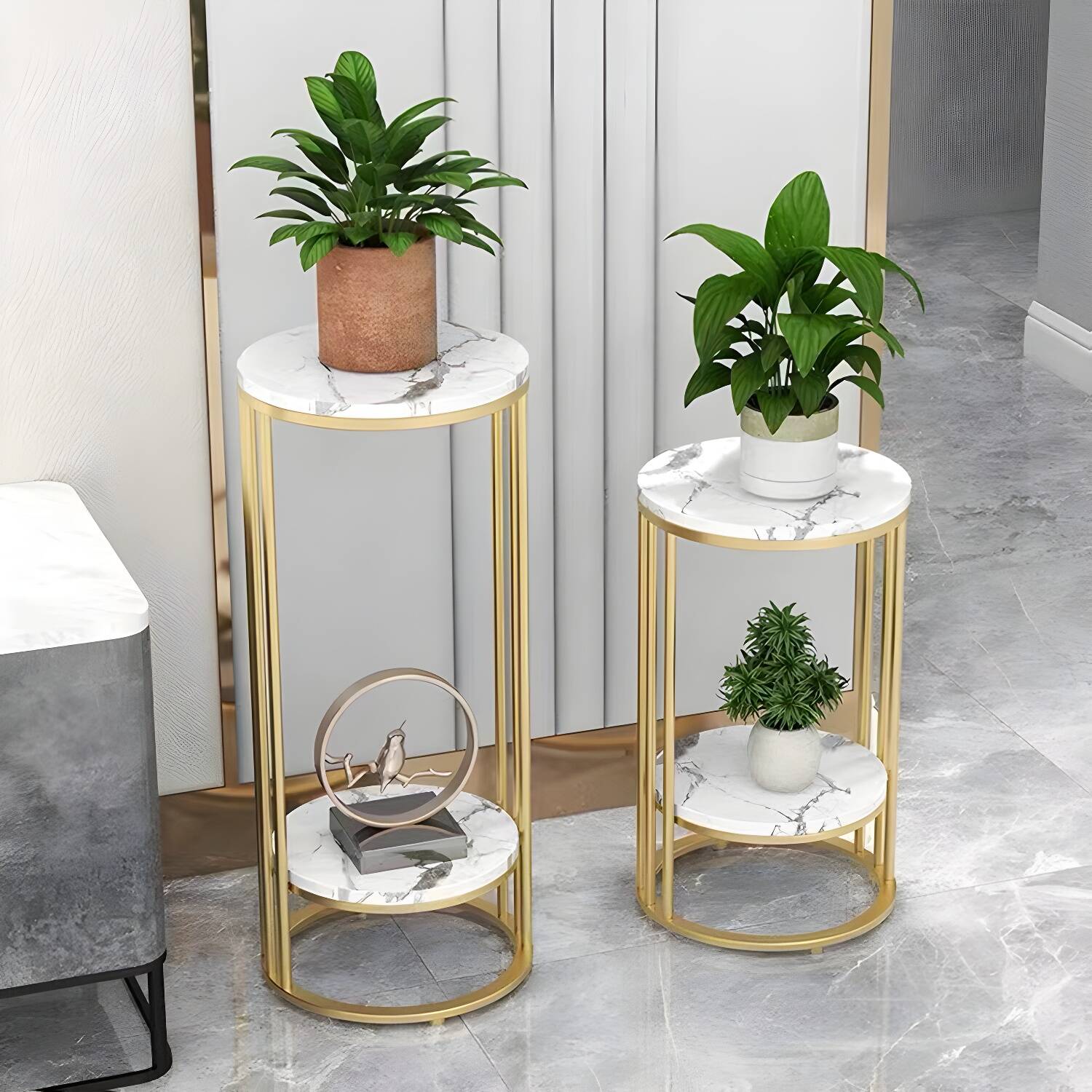 Round Multi-Tiered Plant Table Marble Plant Table with Pedestal
