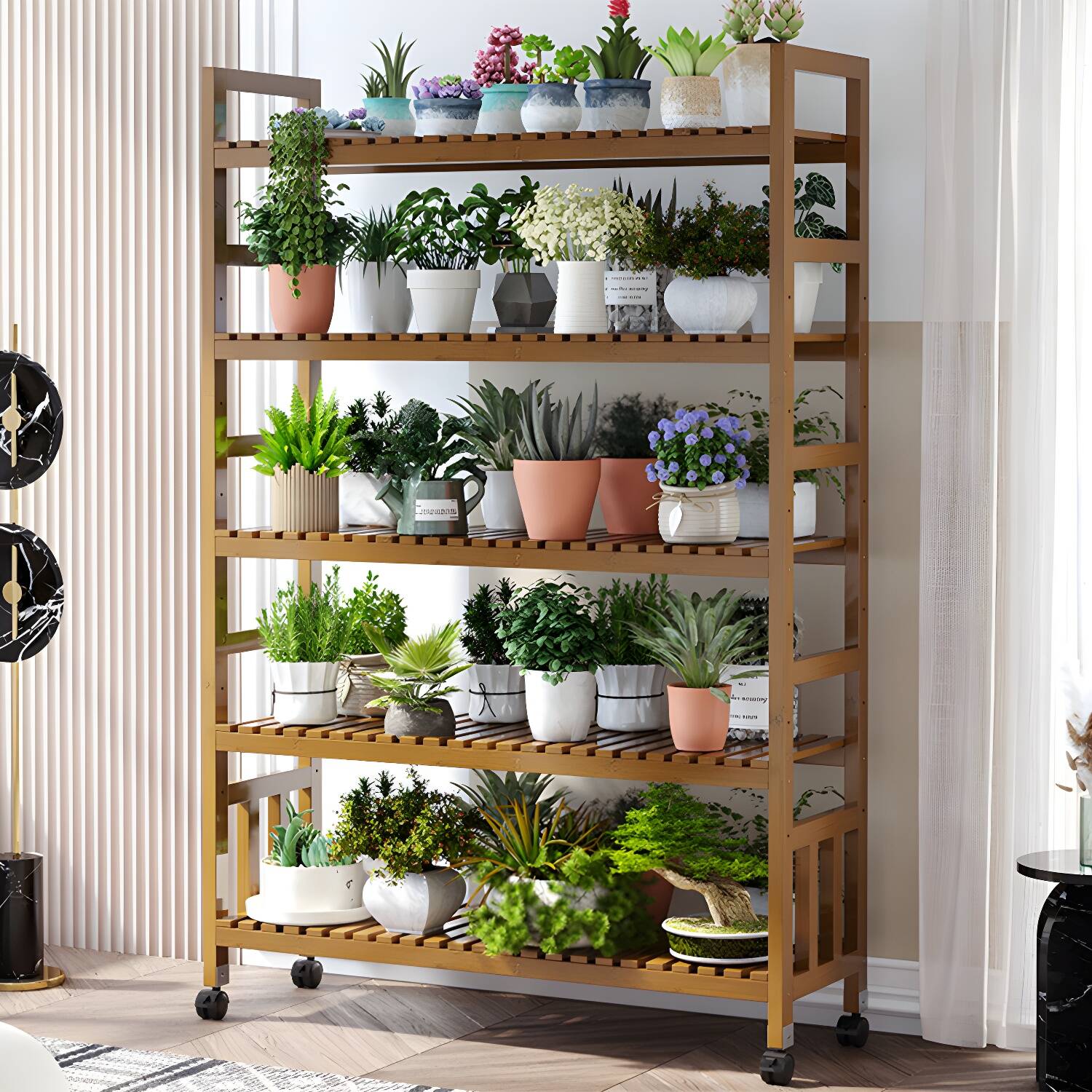 Multi-Tiered Plant Stand Movable Wood Plant Stand with Storage Shelving