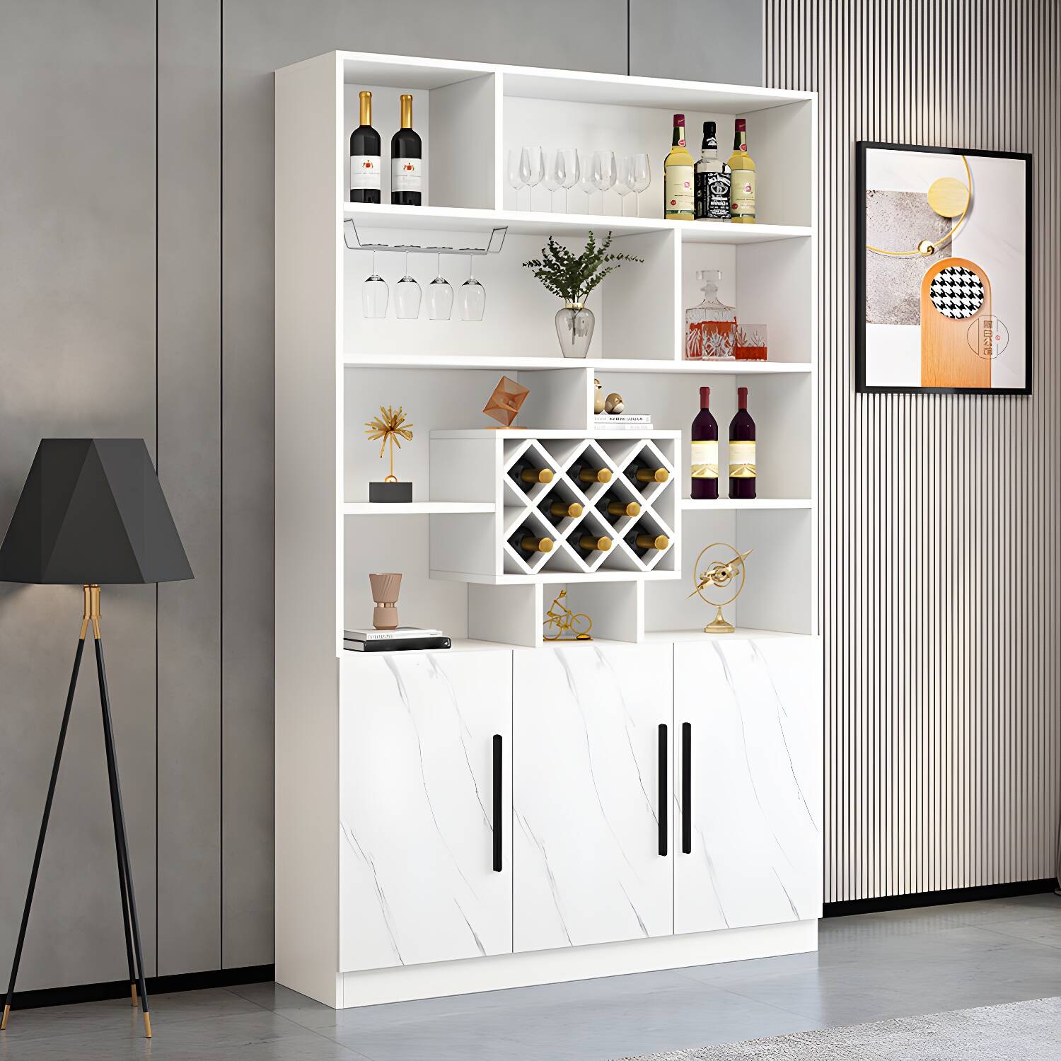 Modern Freestanding Manufactured Wood Wine Holder Rack with Storage Shelves