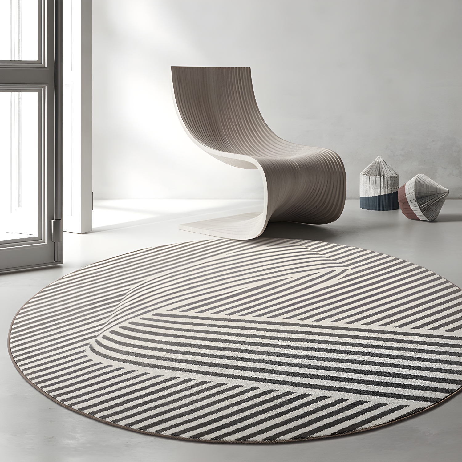 Modern Simple Line Rug Round Imitation Cashmere Area Carpet Absorbent Non-slip Rug for Living Room