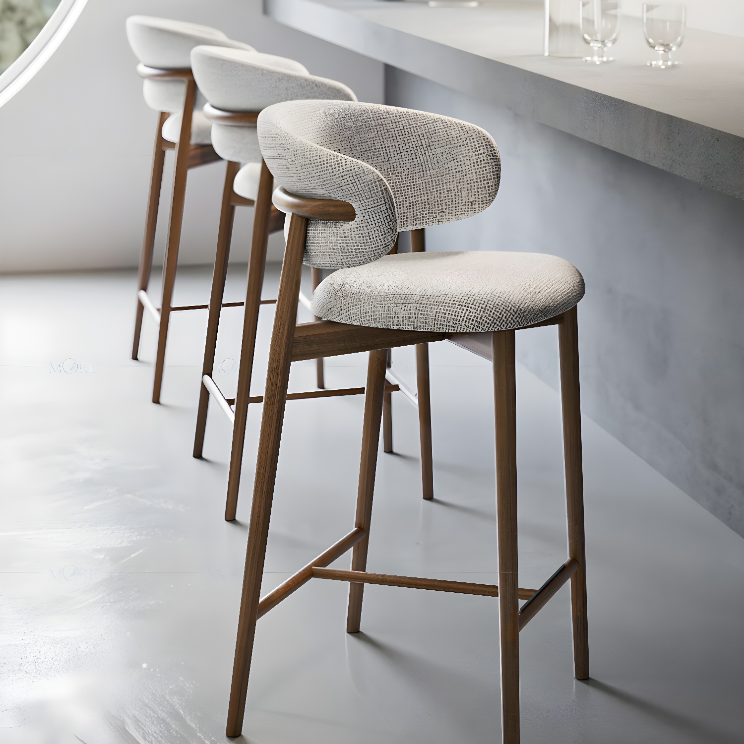 Contemporary Upholstered Armless Bar Stool with Ash Solid Wood Base
