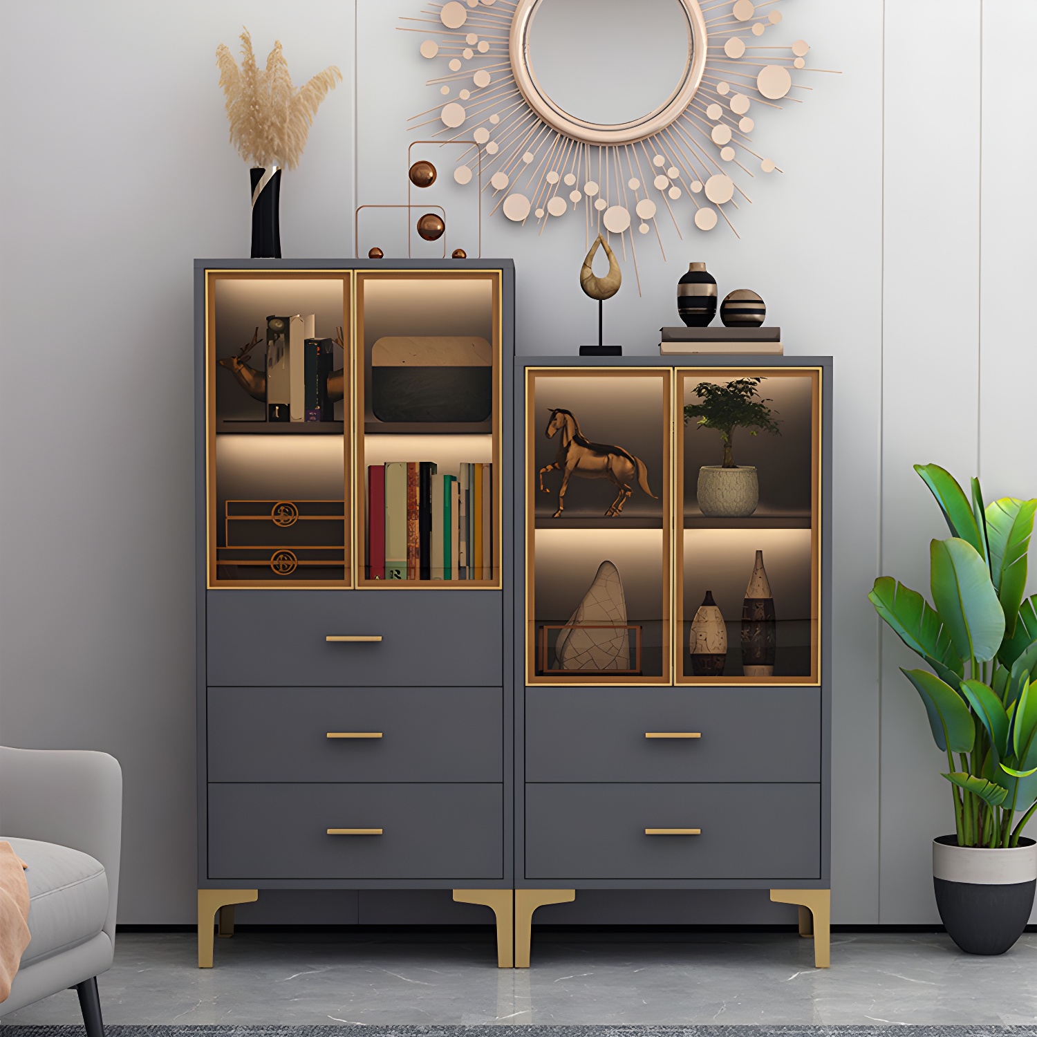 2 Glass Door Glam Wooden Curio Cabinet with drawer for Living Room