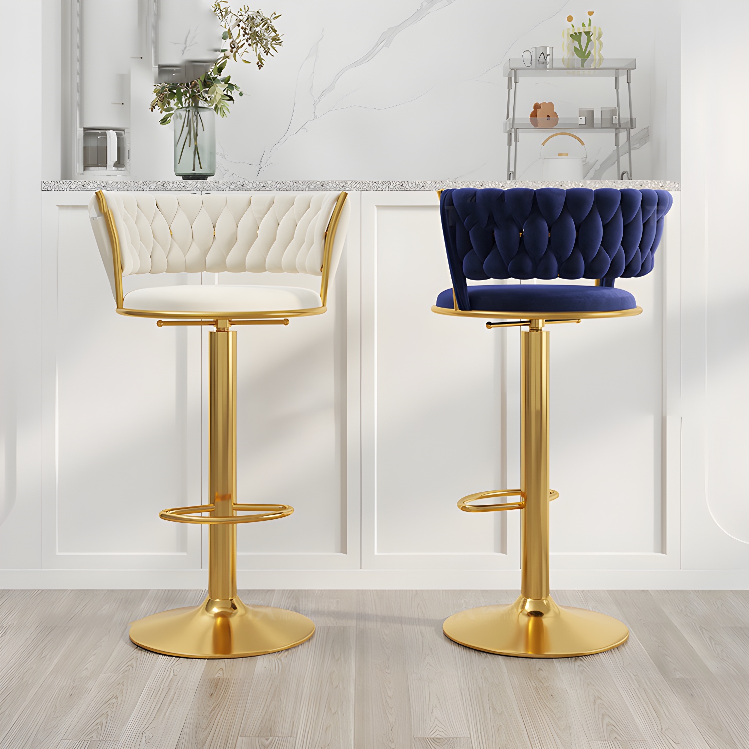 Modern Style Adjustable Backrest Counter Stool with Gold Base and Velvet Cushion