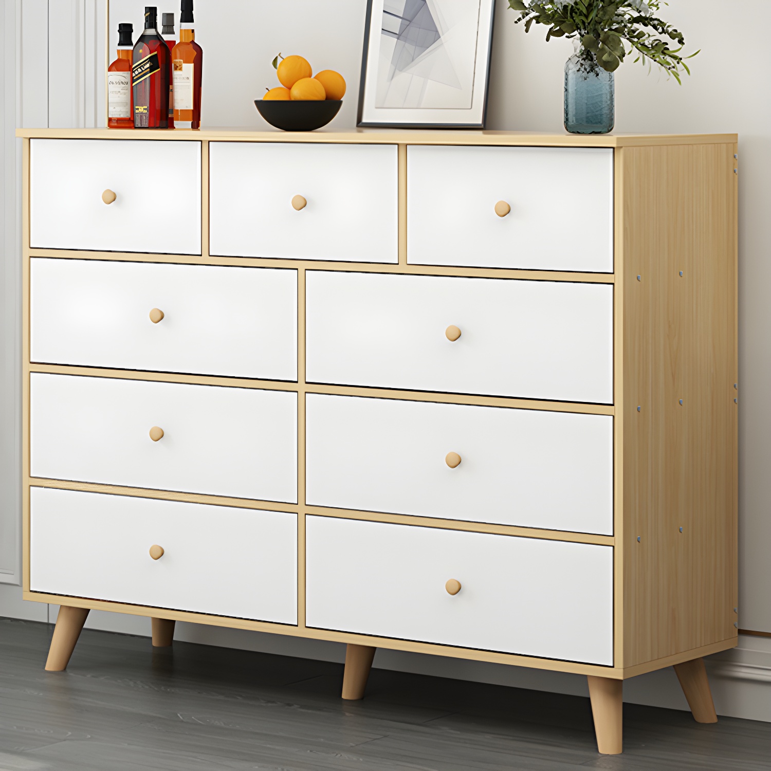 Scandinavian Wood Storage Chest Dresser with Drawers for Home