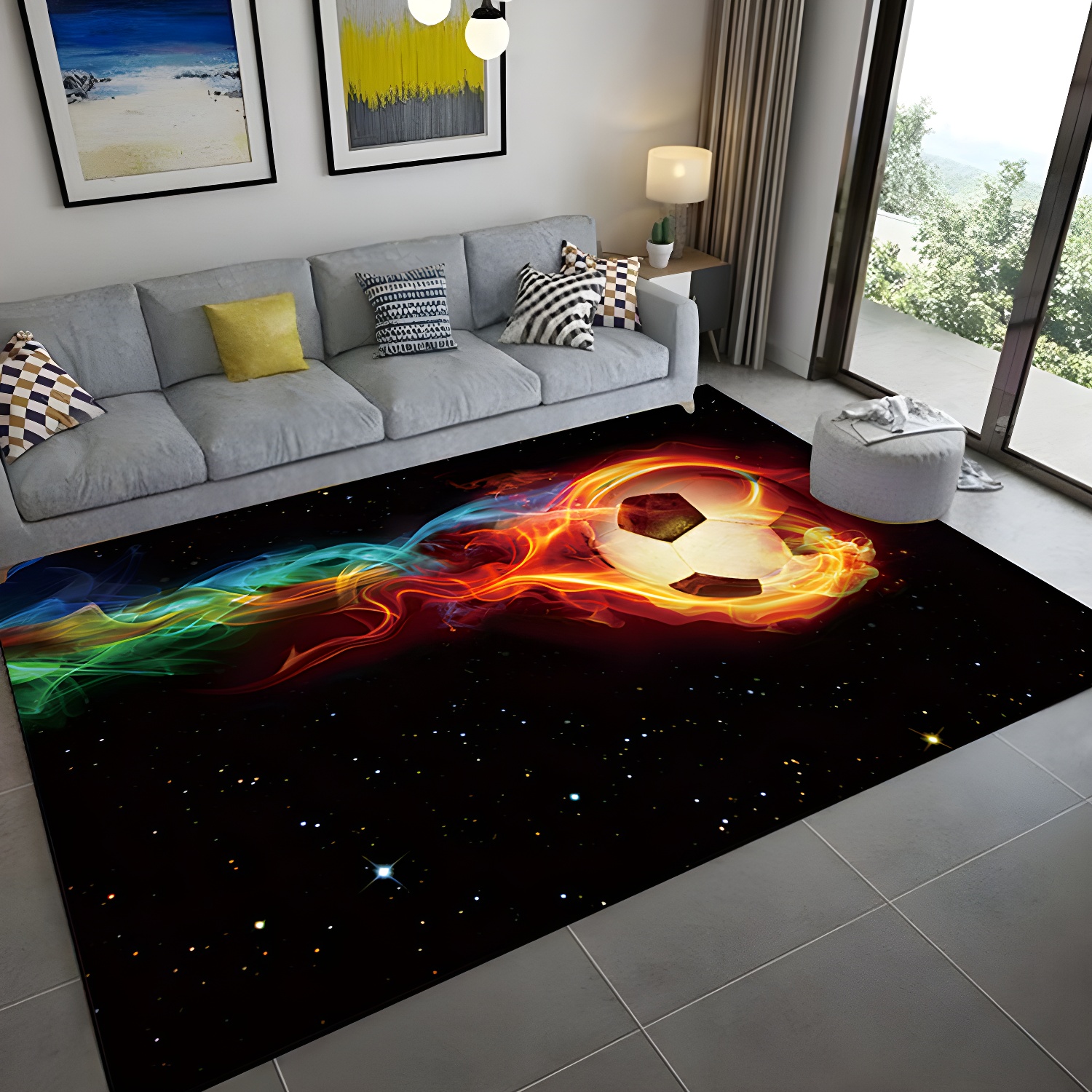 Cartoon Football Print Rug Indoor Non-slip Rug for Living Room and Bedroom