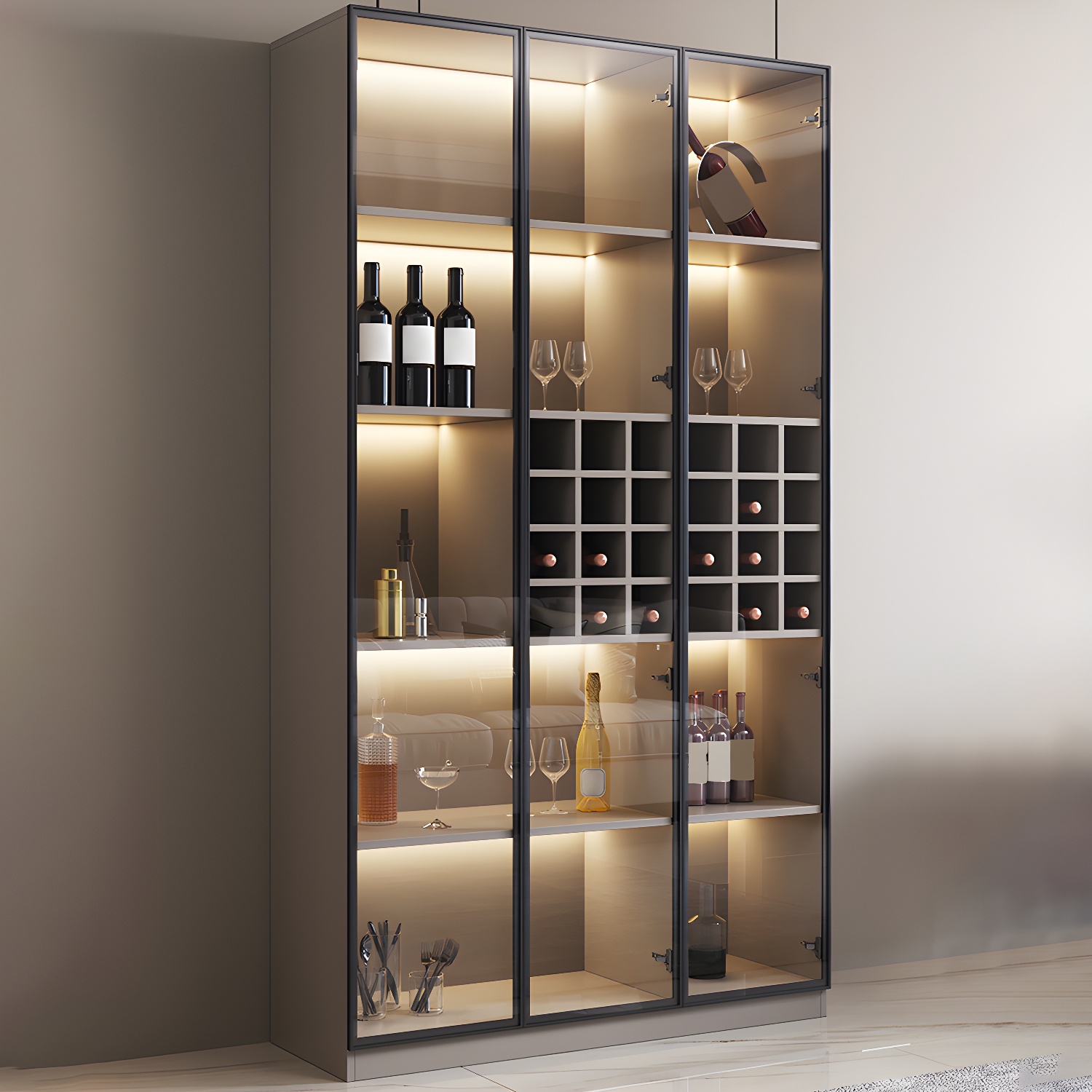 Glass Door Modern Living Room Wooden Storage Cabinet without Light