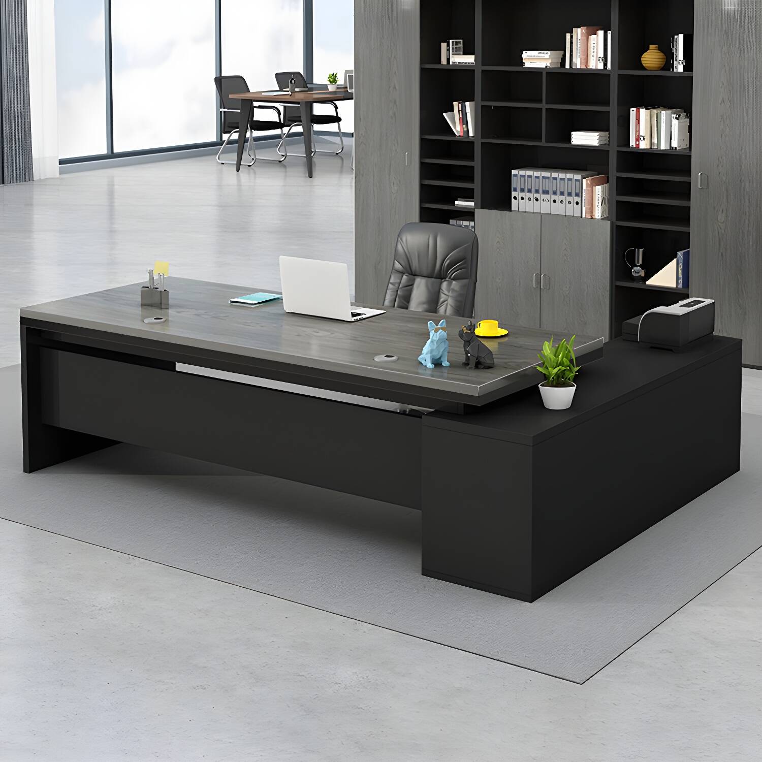 Modern Pedestal Base Scratch Resistant Grey Office Desk with Storage Cabinet