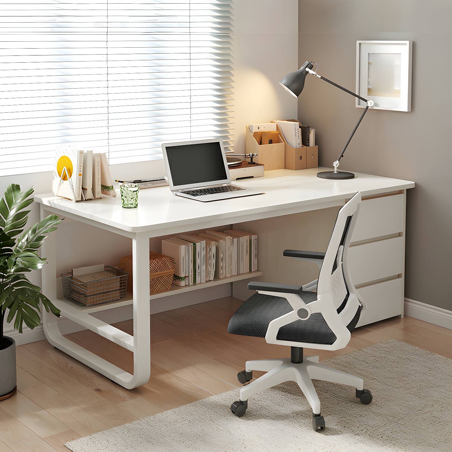 Modern Rectangular Pedestal Writing Desk with 3-drawers and Metal Legs