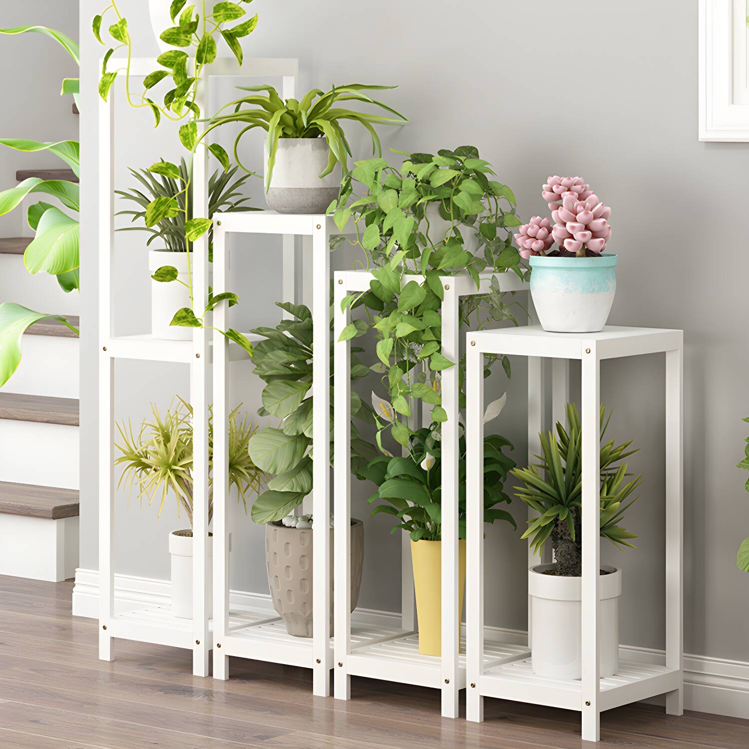 Modern Solid Wood Plant Stand Indoor in Brown/ White with Straight Legs