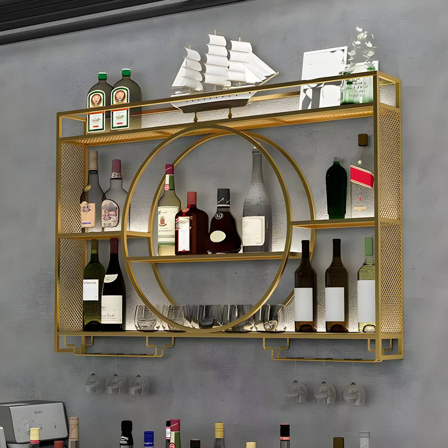 Contemporary Metal Wall Mounted Wine Bottle & Glass Rack with Shelf