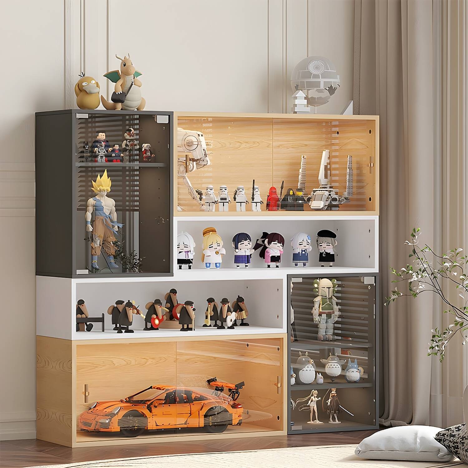 Contemporary Faux Wood China Cabinet with Hutch and Acrylic Door