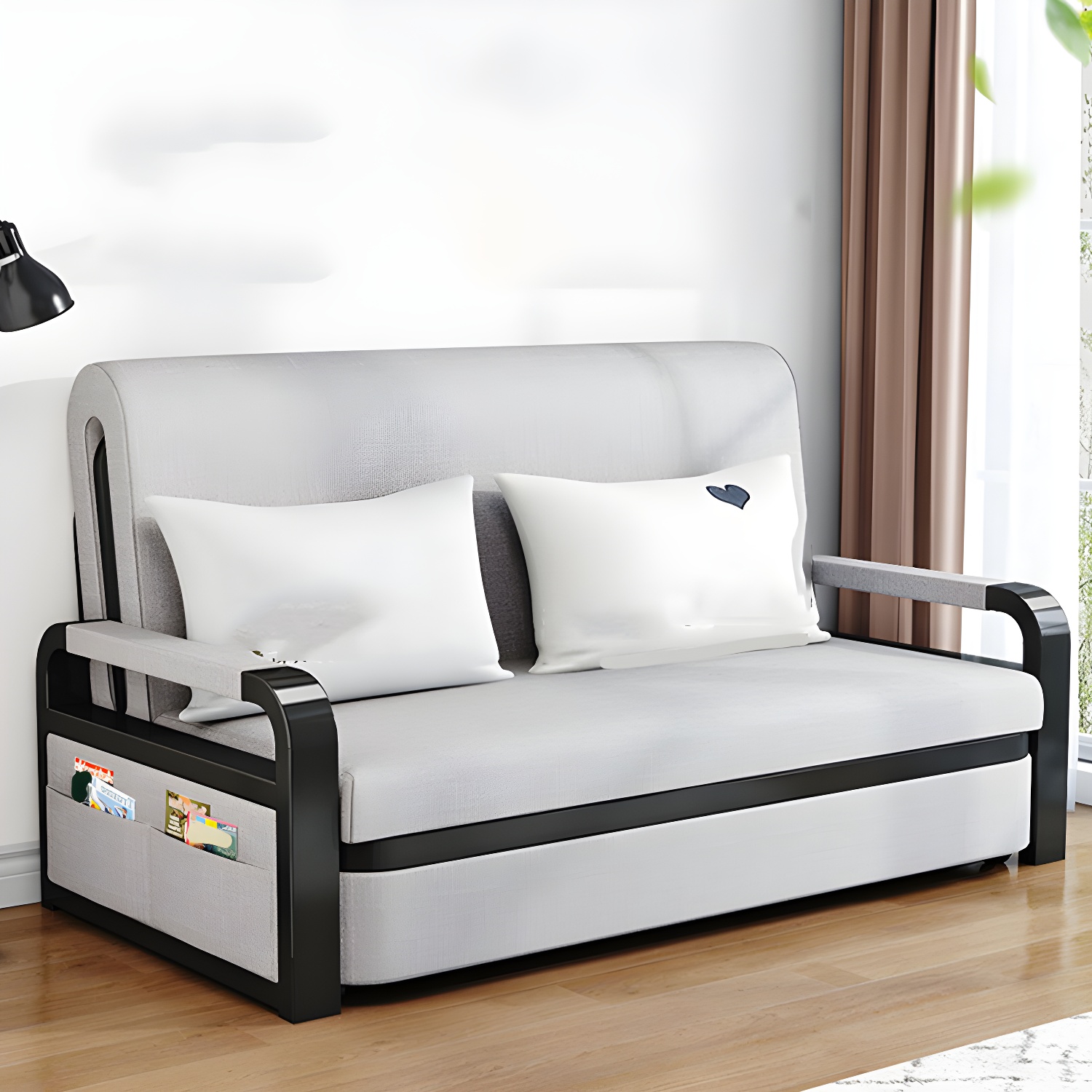 Modern Line Upholstered Sofa Bed with Square Arms and Storage Side Bag