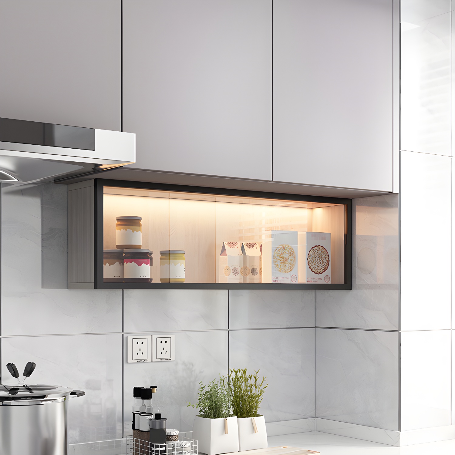 Contemporary Faux Wood Wall Mounted Display Cabinet with Glass Door in Grey