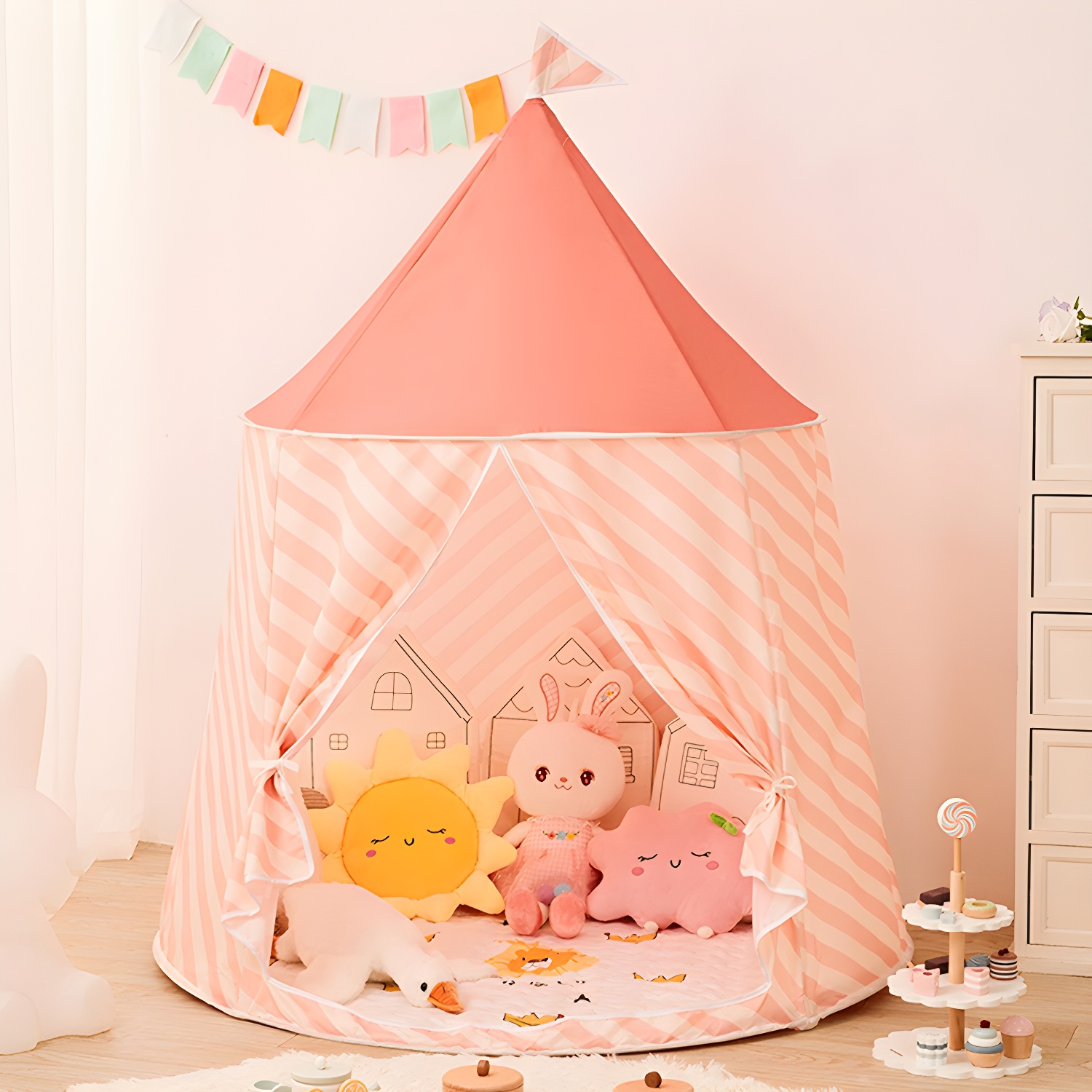 Circular Fabric Indoor Play Tent Striped Castle in Blue/Pink 53" H