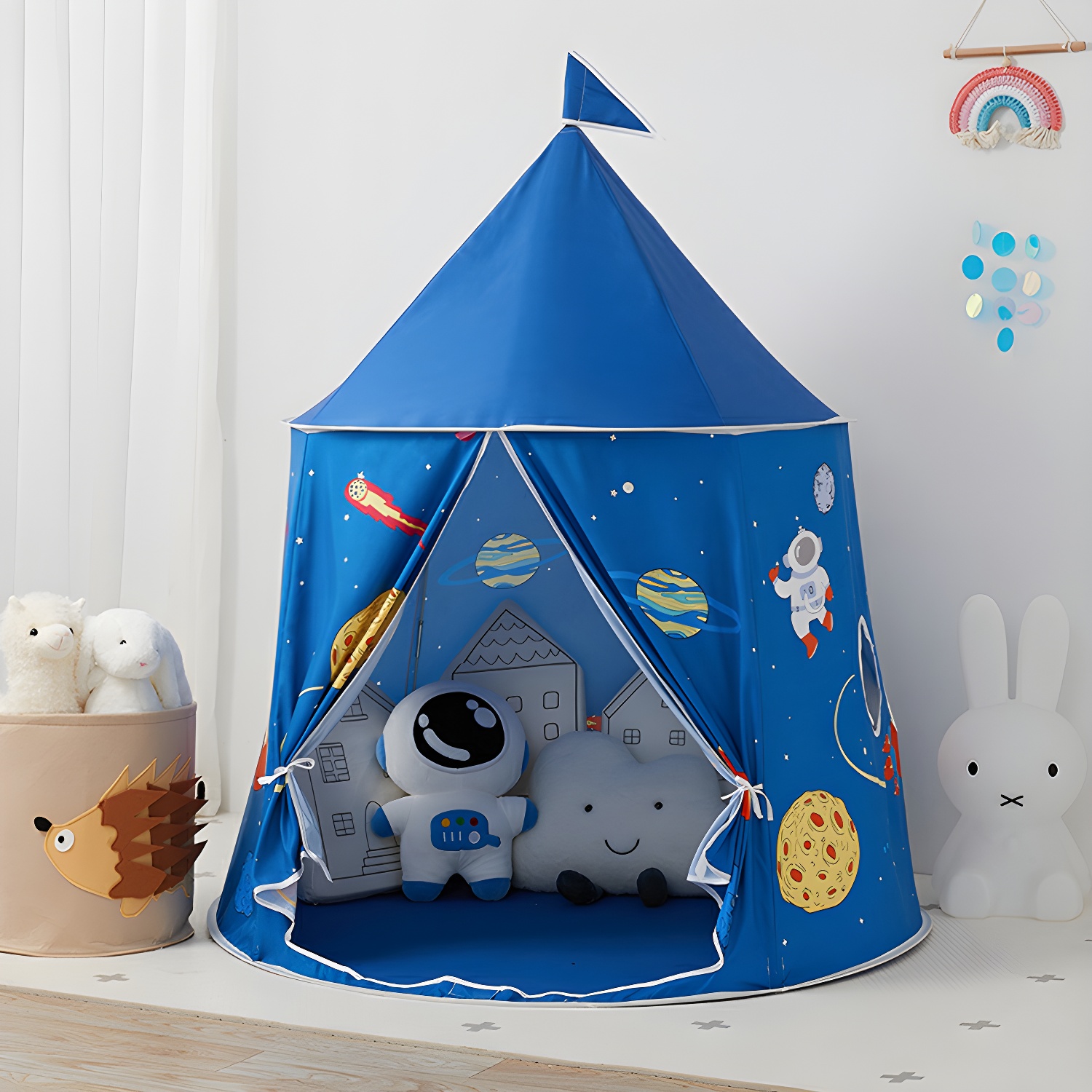 Circular Fabric Indoor Play Tent with Windows in Yellow/Blue 55" H