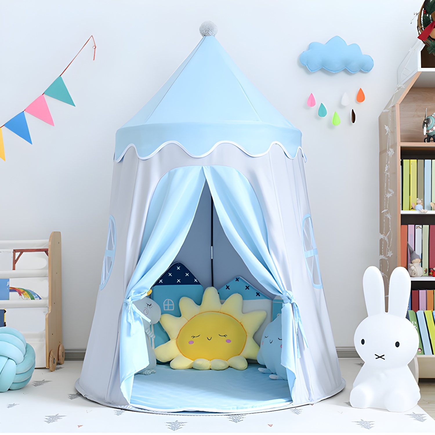 Circular Fabric Indoor Play Tent with Windows and Lights in Pink/Blue