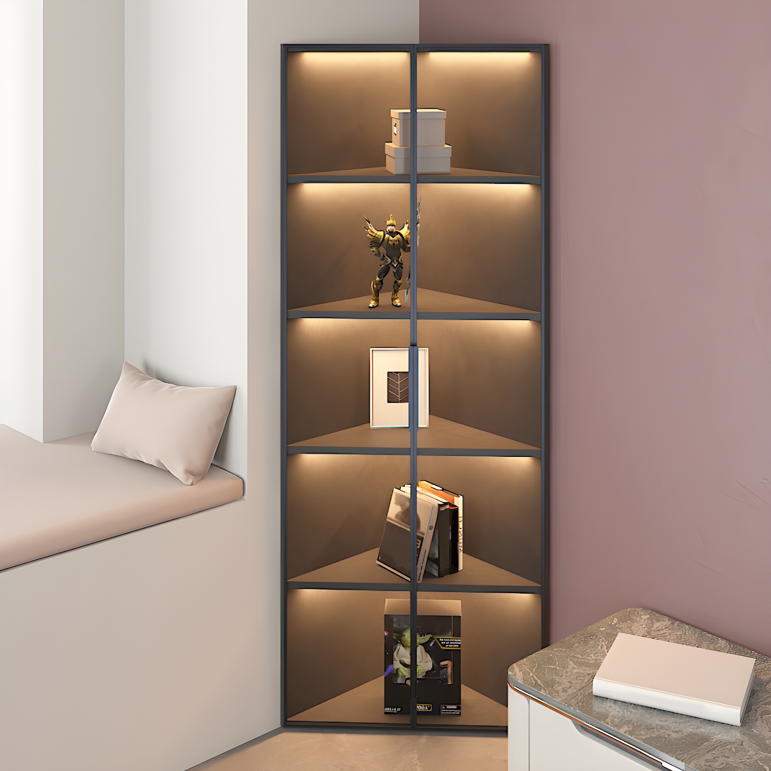 Grey Modern Corner Unit Display Stand with Glass Doors, Cabinet, and 2 Shelves