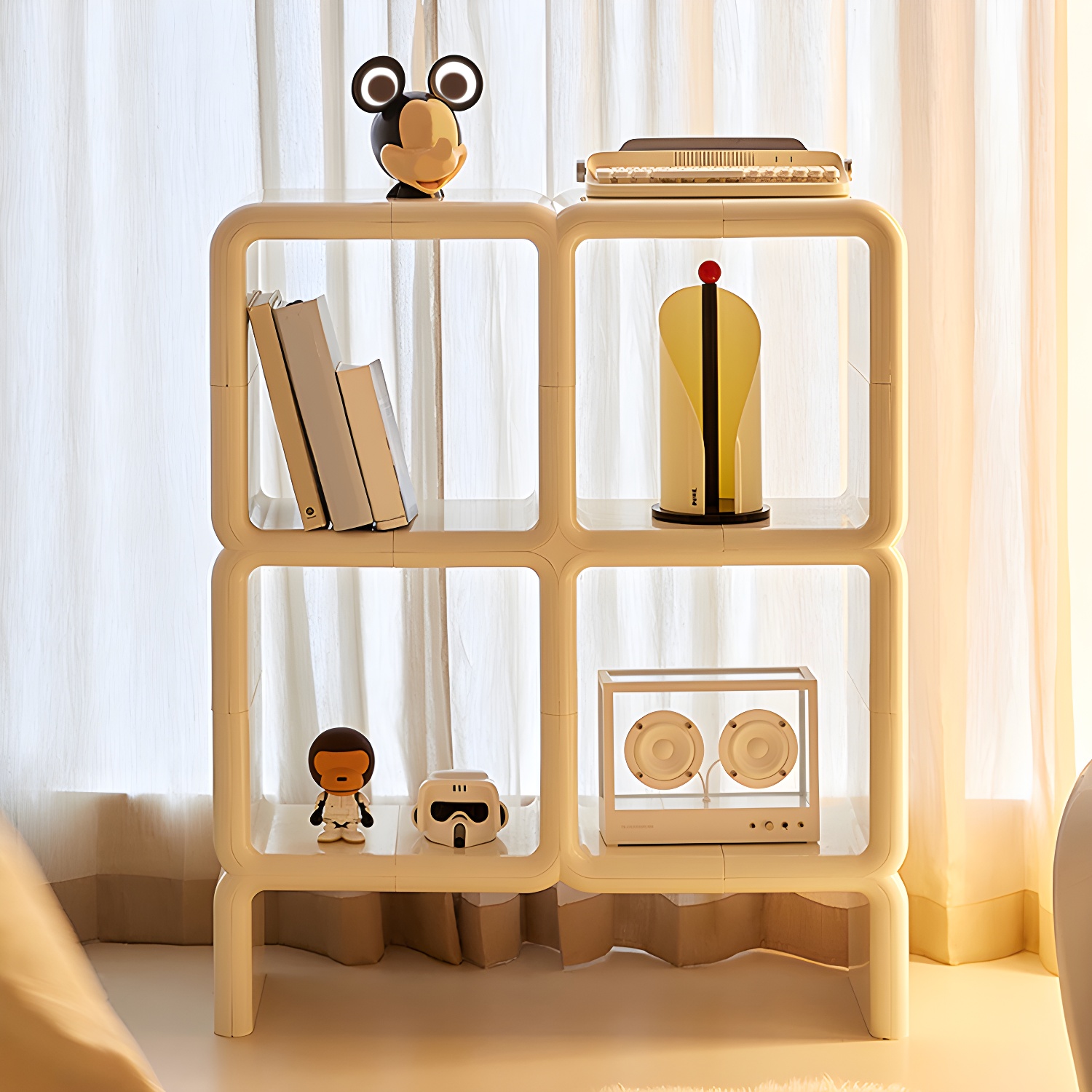 Modern White Plastic & Acrylic Display Stand with Open Storage and Non-Adjustable Shelves
