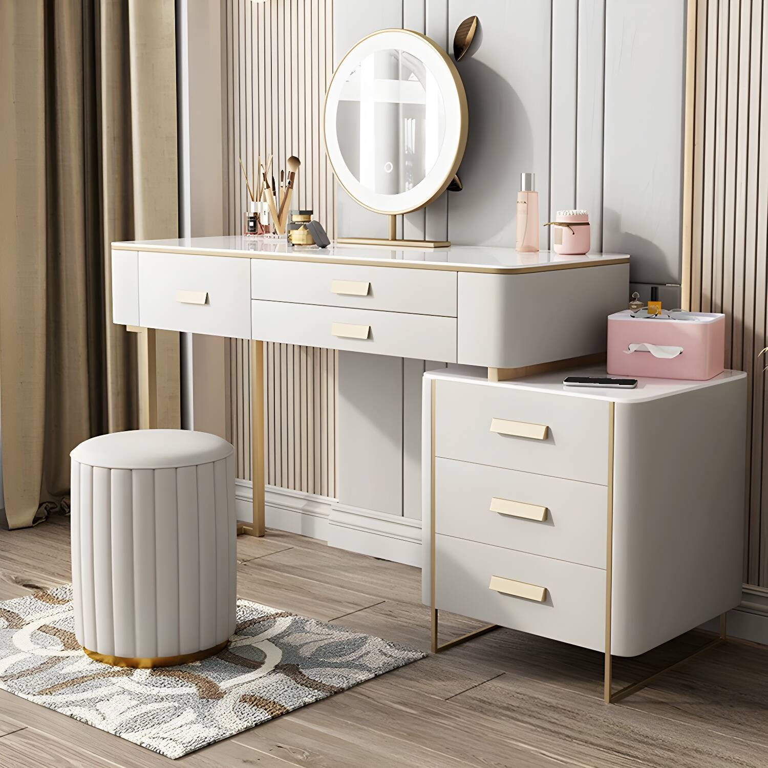 Off-White Wood Modern Makeup Vanity with Stone Top, Drawers, and 6 Drawers Included