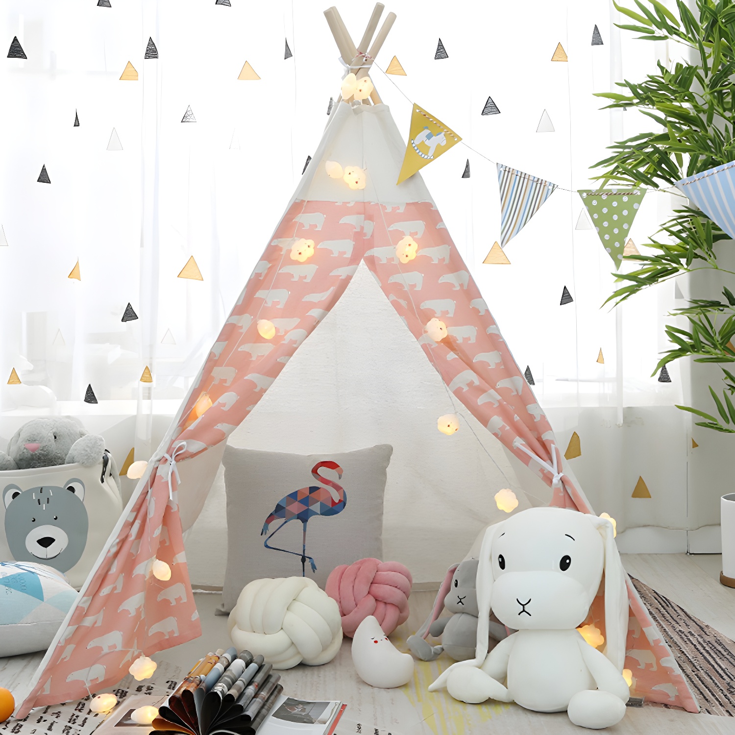 Modern Fabric Triangular Play Tent with Window Tent Poles Included Multiple Colours