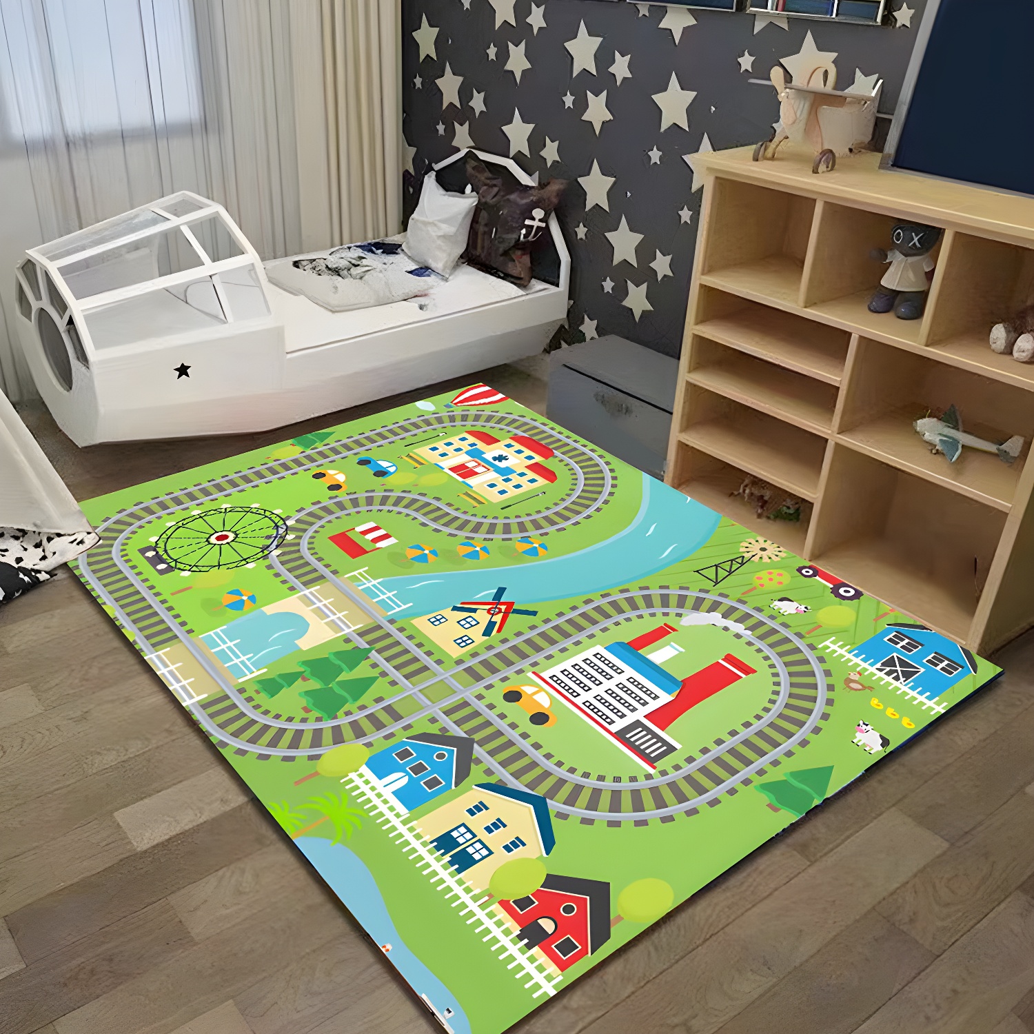 Children's Room Rectangle Geography Pattern Indoor Kids Stain Resistant Rug