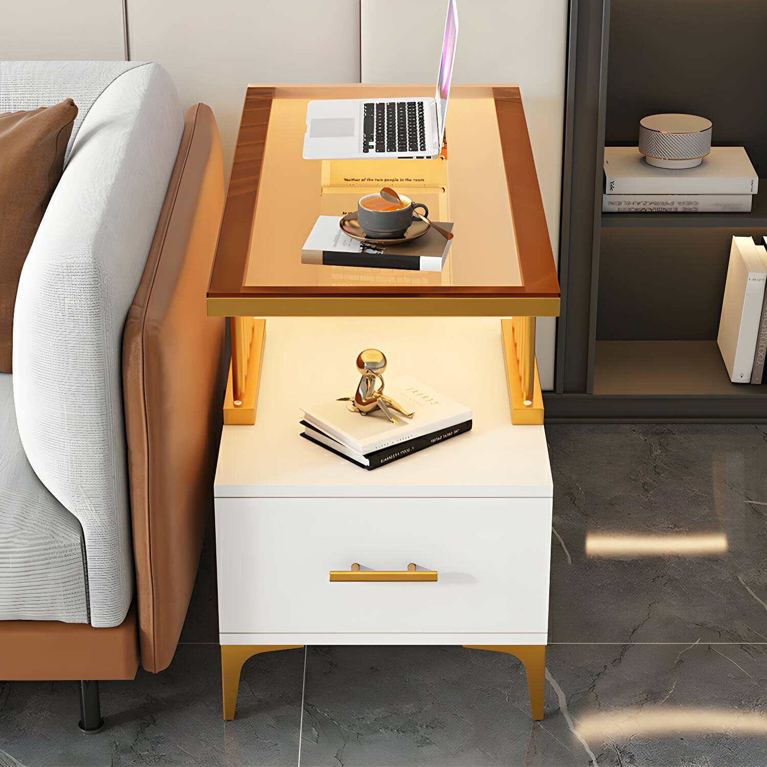 Modern Rectangular End Table with Black Steel Four-Leg Base, Drawers, and Storage Shelves