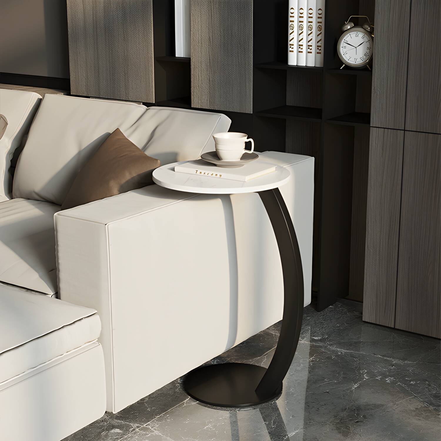 Round Stone Top Modern C Table with Iron Base for Stylish and Convenient Placement