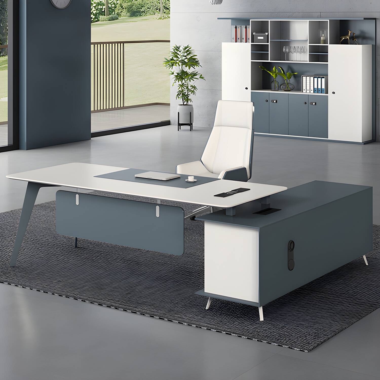 Modern L-Shape Executive Desk with Steel Pedestal Base and Cable Management - White
