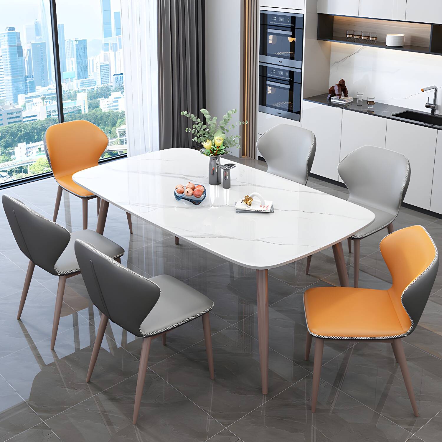 7-Piece Metal Modern Dining Set with Slate Table Top and Upholstered Chairs in Violet Colour