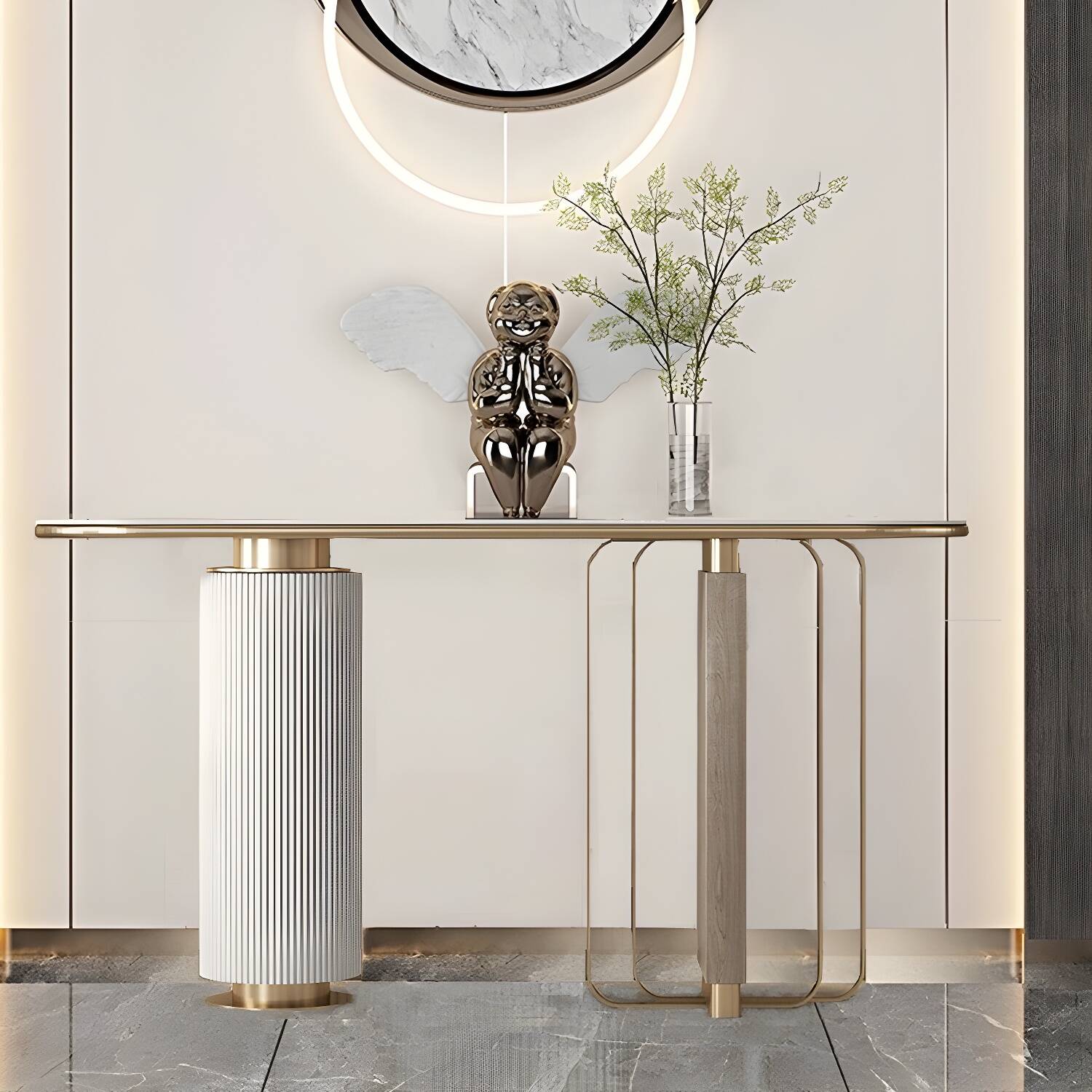 Modern Oval Console Table with Gold Metal Base and Scratch Resistant Stone Top for Elegant Decor