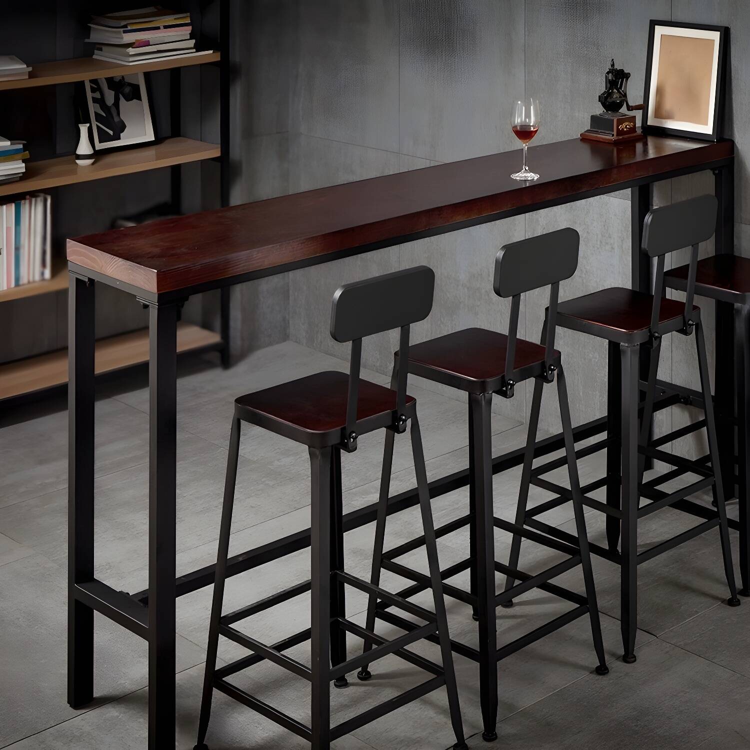 Modern Rectangular Bar Table with Pine Wood Top and Iron Trestle Base in Brown Colour with Footrest