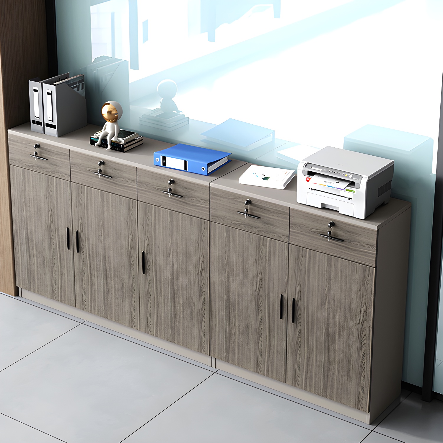 Modern Gray Wood Lateral Filing Cabinet with Solid Wood, Locking Drawers & Self-Close Glides
