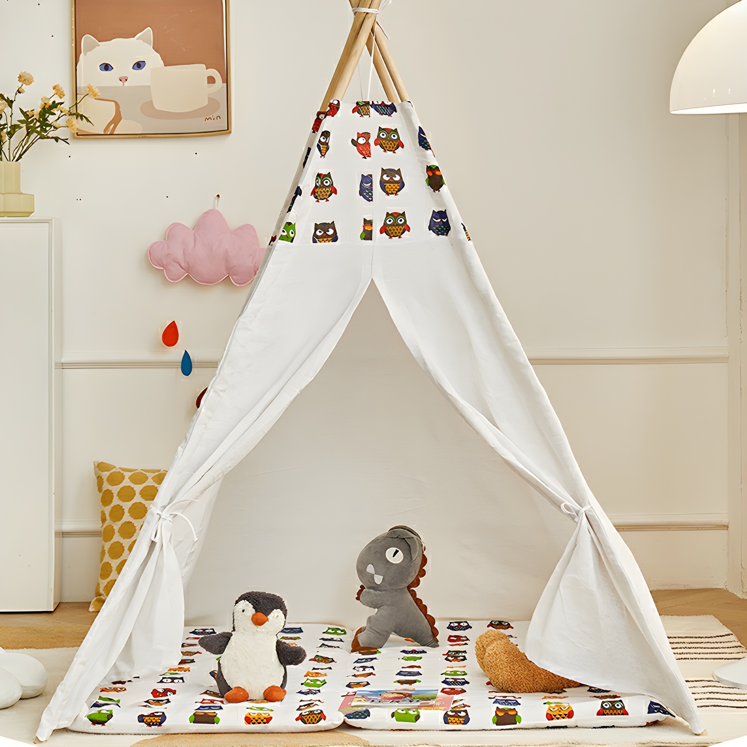 Triangular Foldable Fabric Play Tent with Windows and Lights for Indoor/Outdoor Use