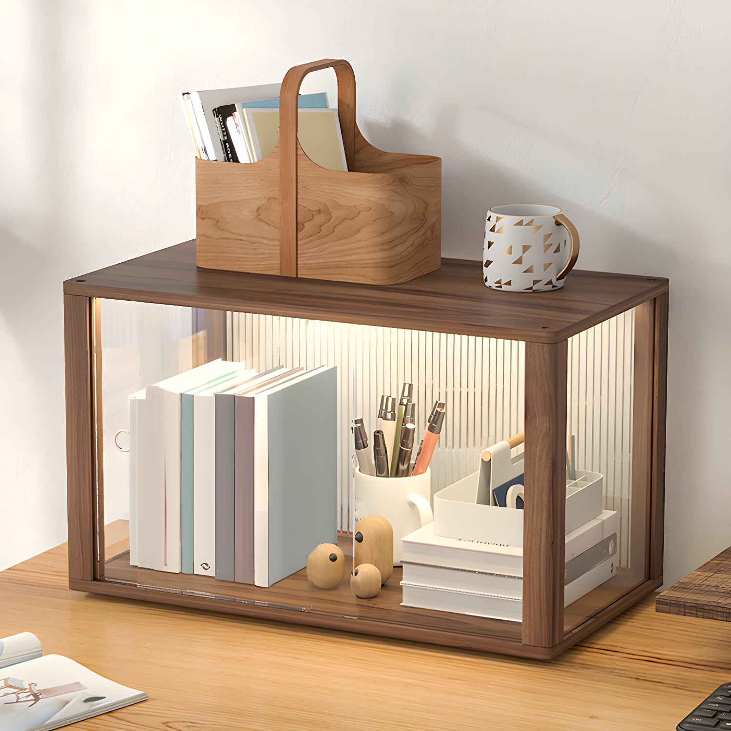 Espresso Wood Modern Display Stand with Sliding Doors & Cabinet Included for Stylish Storage