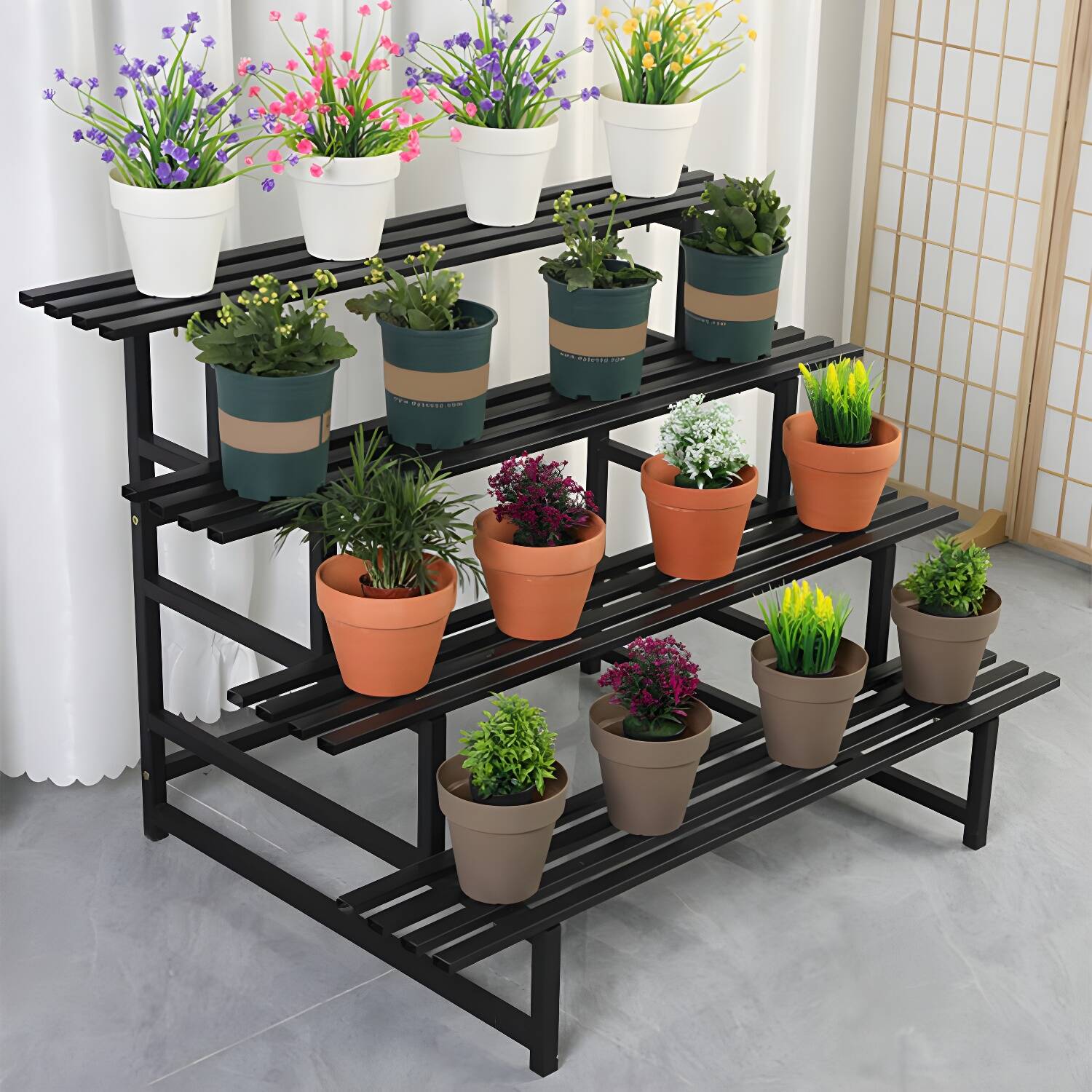 Black Metal Multi-Tiered Rectangle Plant Stand with Stain-Resistant Shelves & Legs