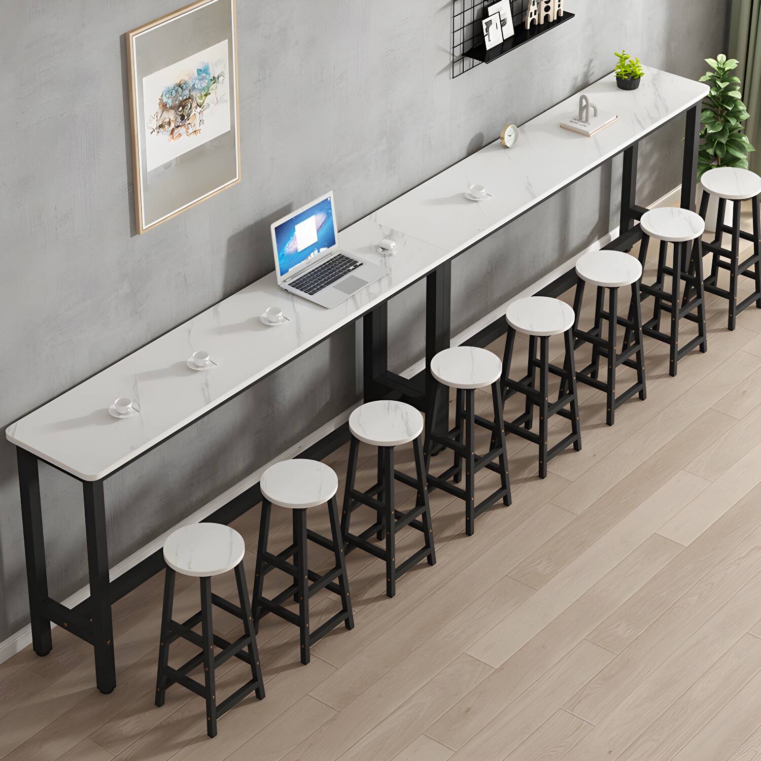 Rectangular Modern Bar Table with White Wood Top and Black Steel Trestle Base, Counter Height