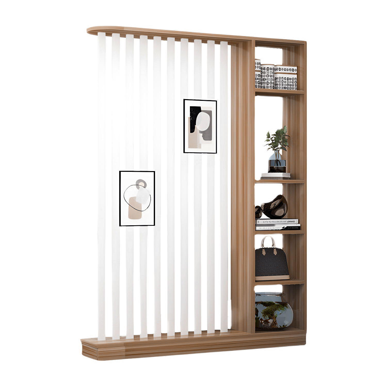 Modern Freestanding Single Panel Room Divider with Transparent Wood Screen and Built-in Shelves