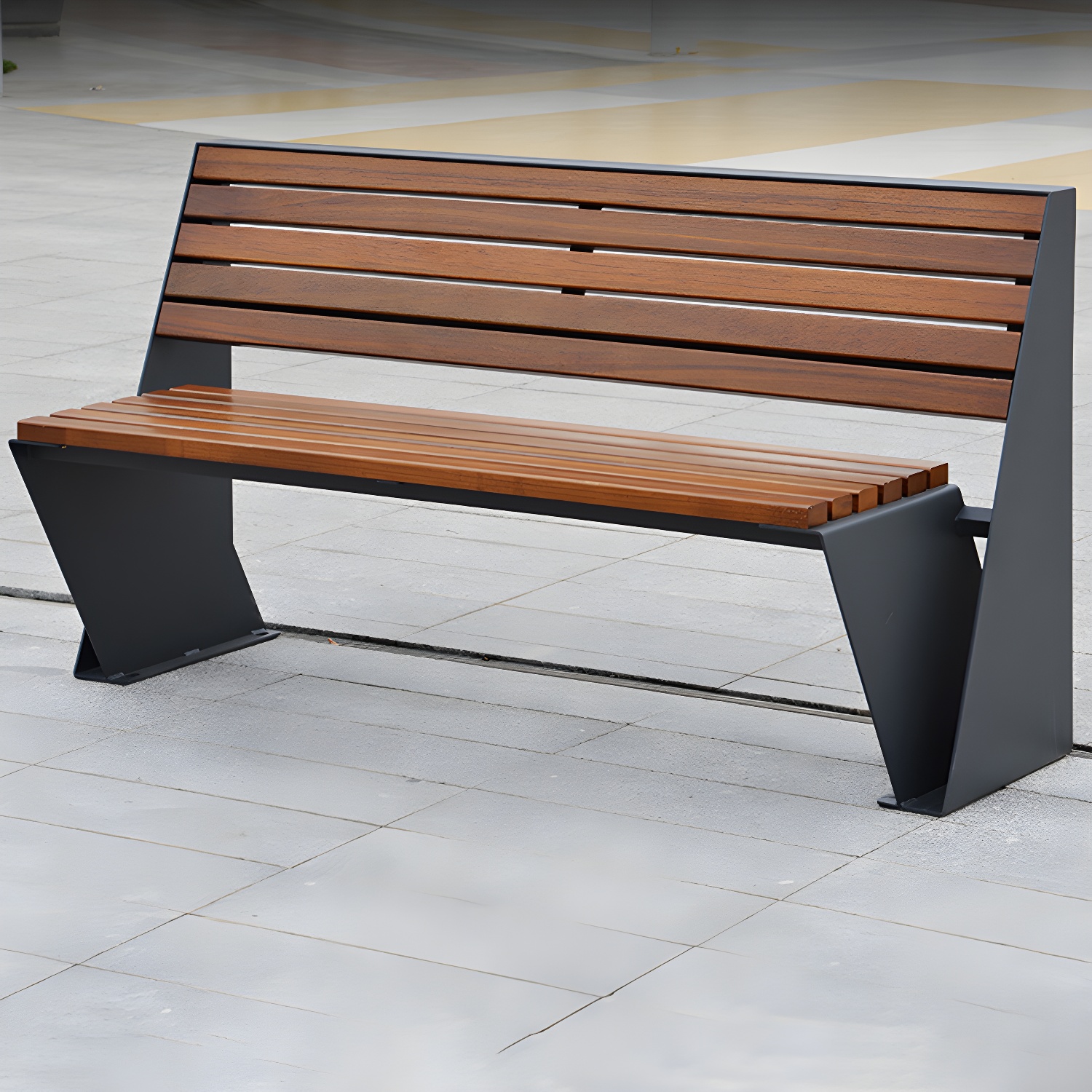 Mid-Century Modern Metal Park Bench with Waterproof Brown Seating and Back