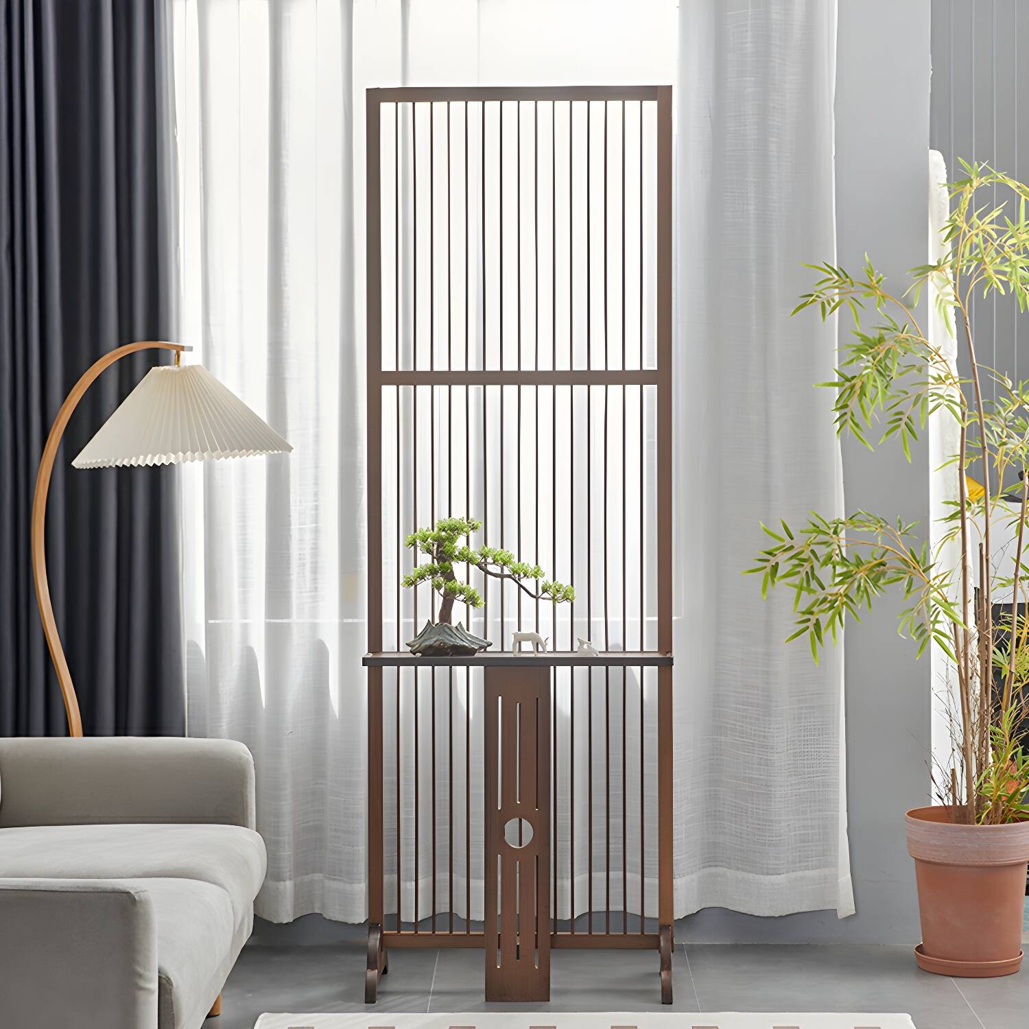 Scandinavian Freestanding Bamboo Room Divider with Transparent Bamboo Screen