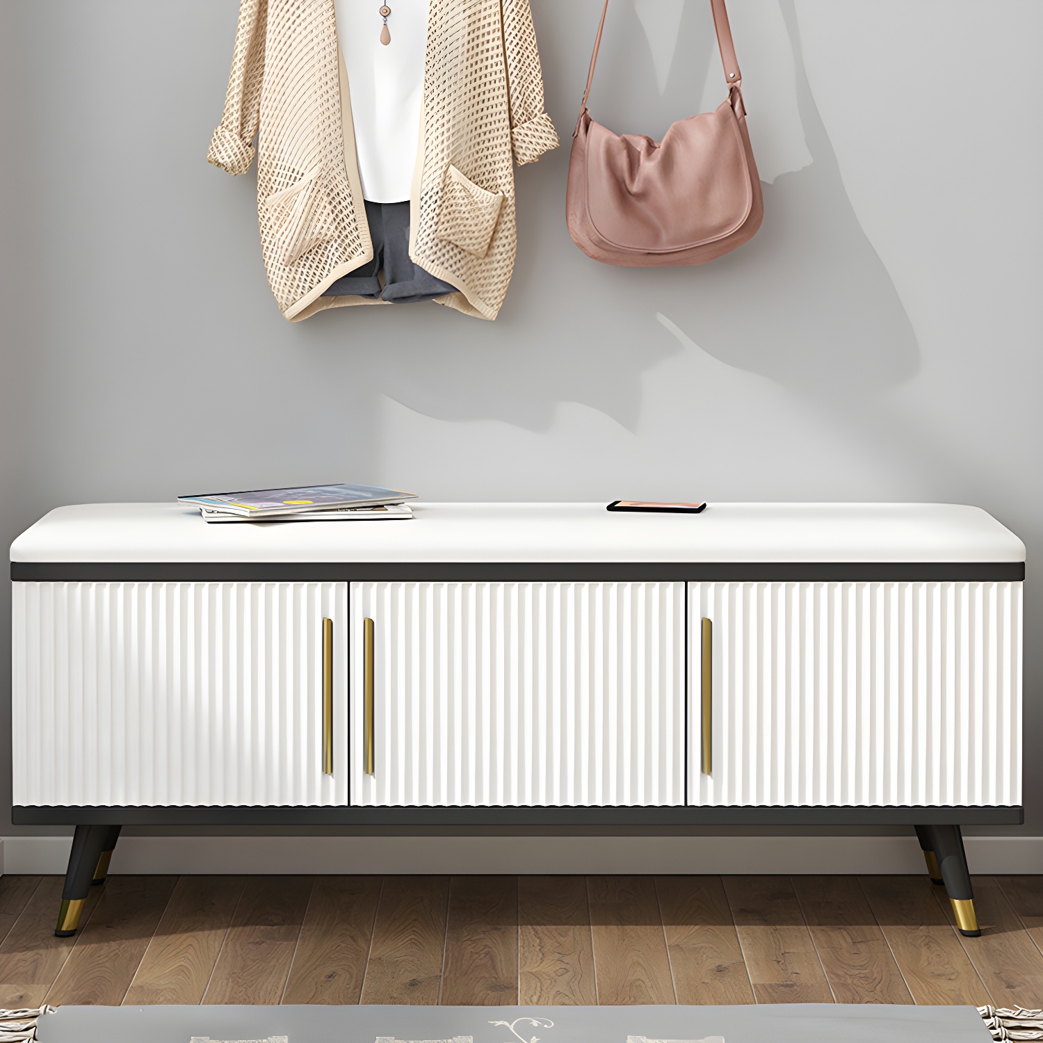 Modern Rectangular Leather Storage Ottoman with Wood Frame and Included Storage