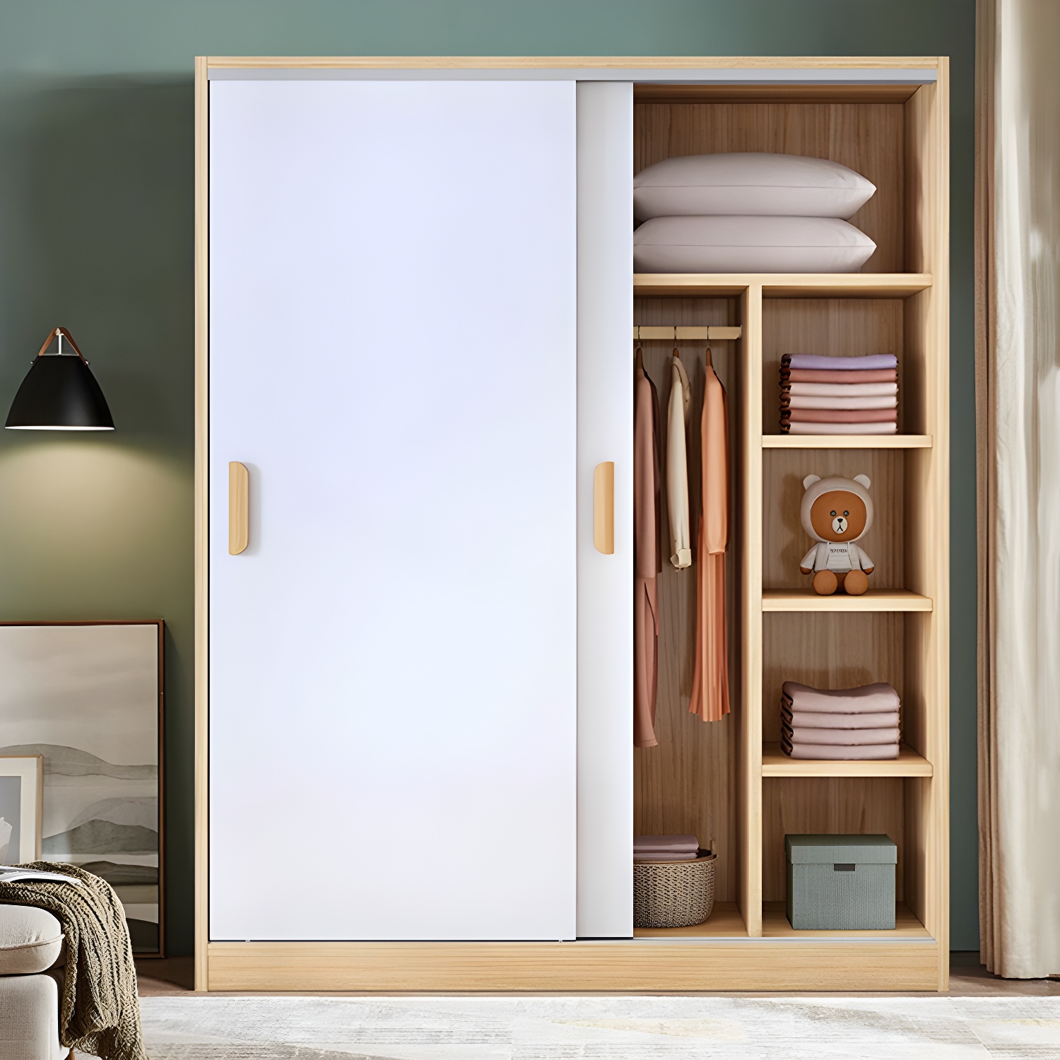 Contemporary Wood Wardrobe Armoire with Sliding Doors, Clothing Rod, and Interior Shelves