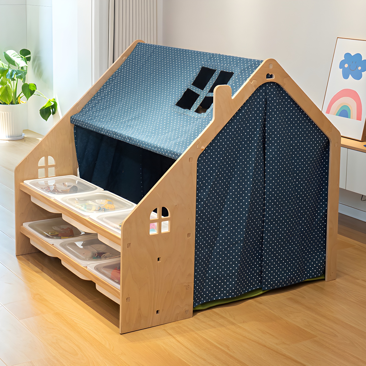 Square Cabin-themed Wood Dollhouse with Skylight and Windows for Indoor Play - Solid Wood