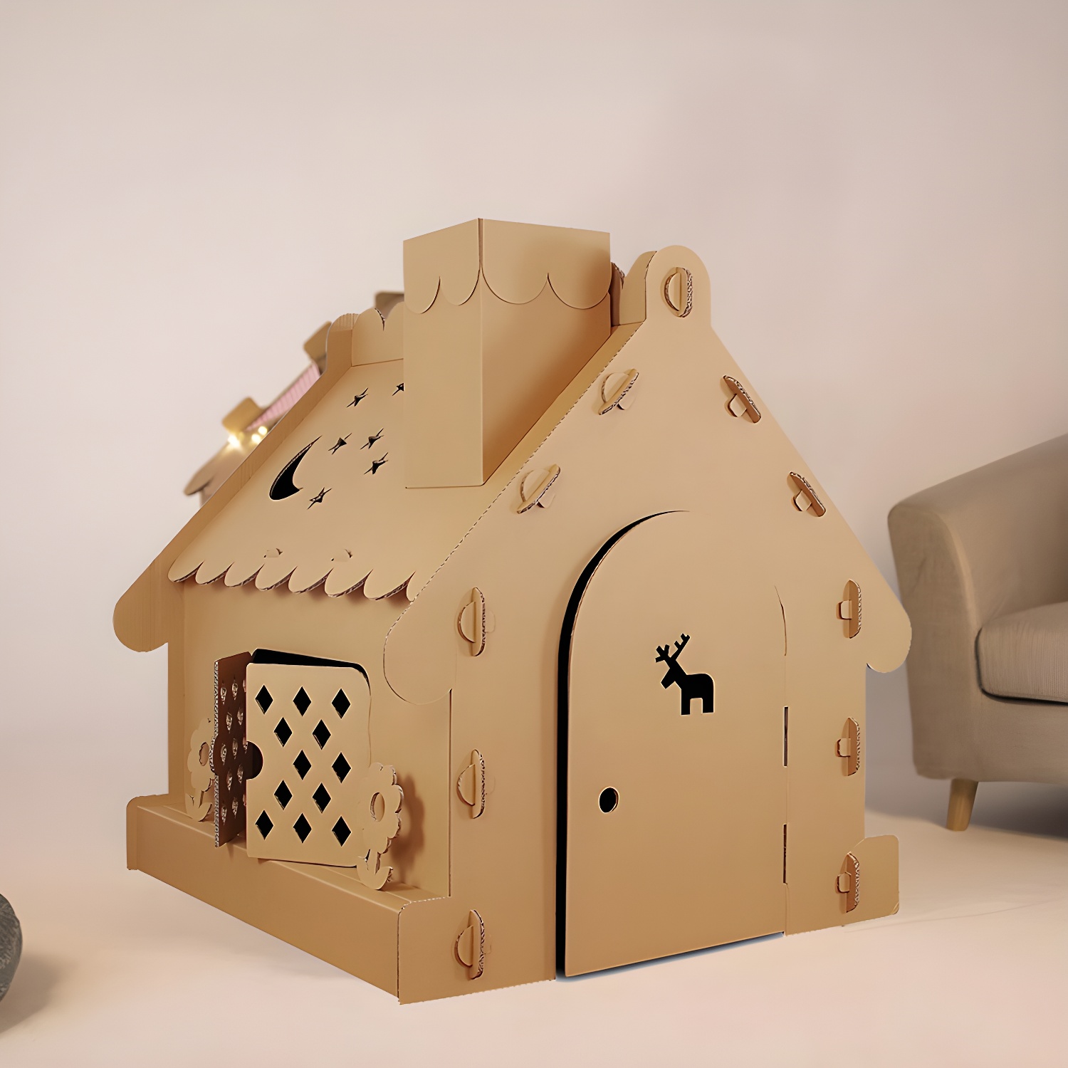 DIY Cabin-themed Square Playhouse Kit with Windows for Indoor/Outdoor U