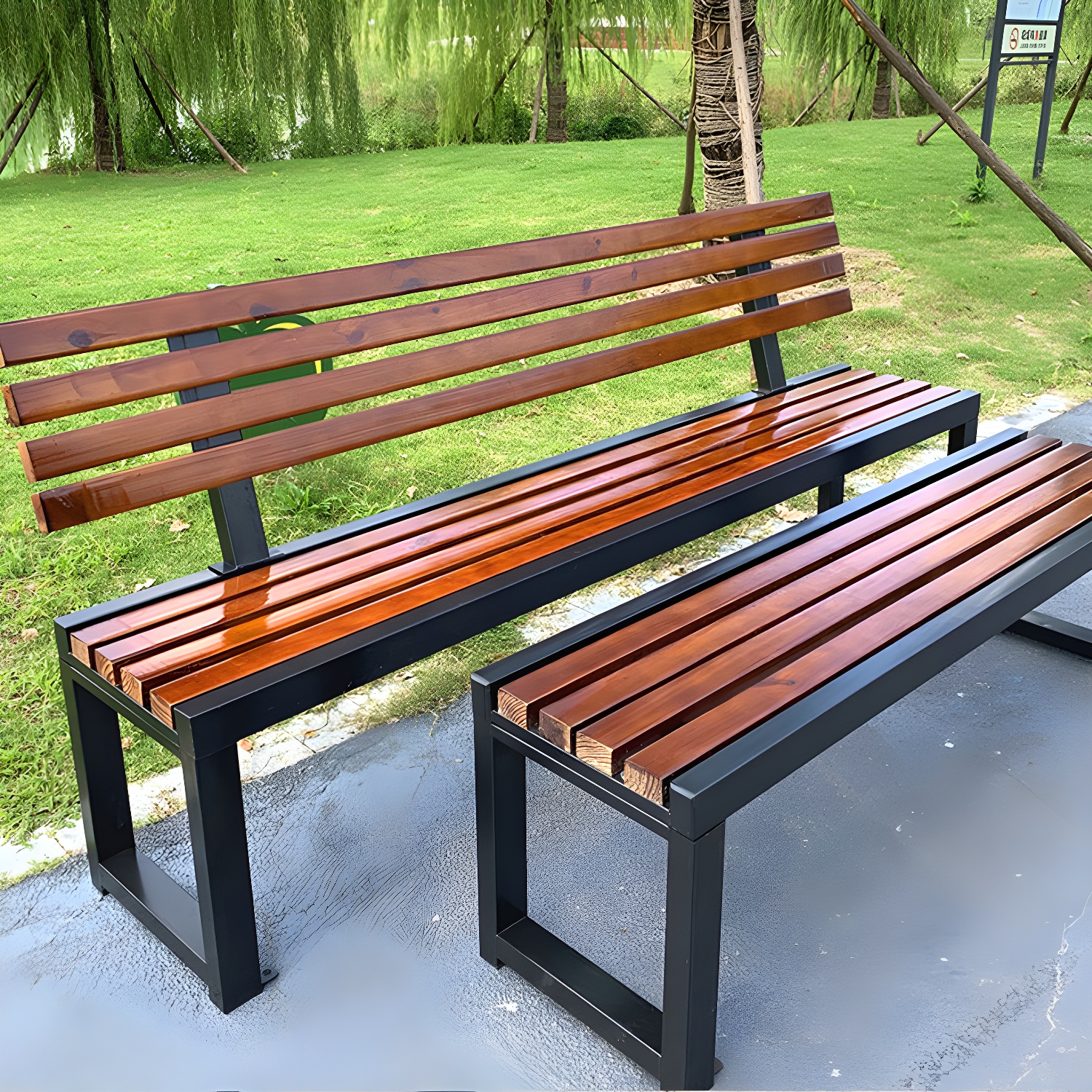 Mid-Century Modern Metal Park Bench in Black with Waterproof Iron Seating for Outdoor Use