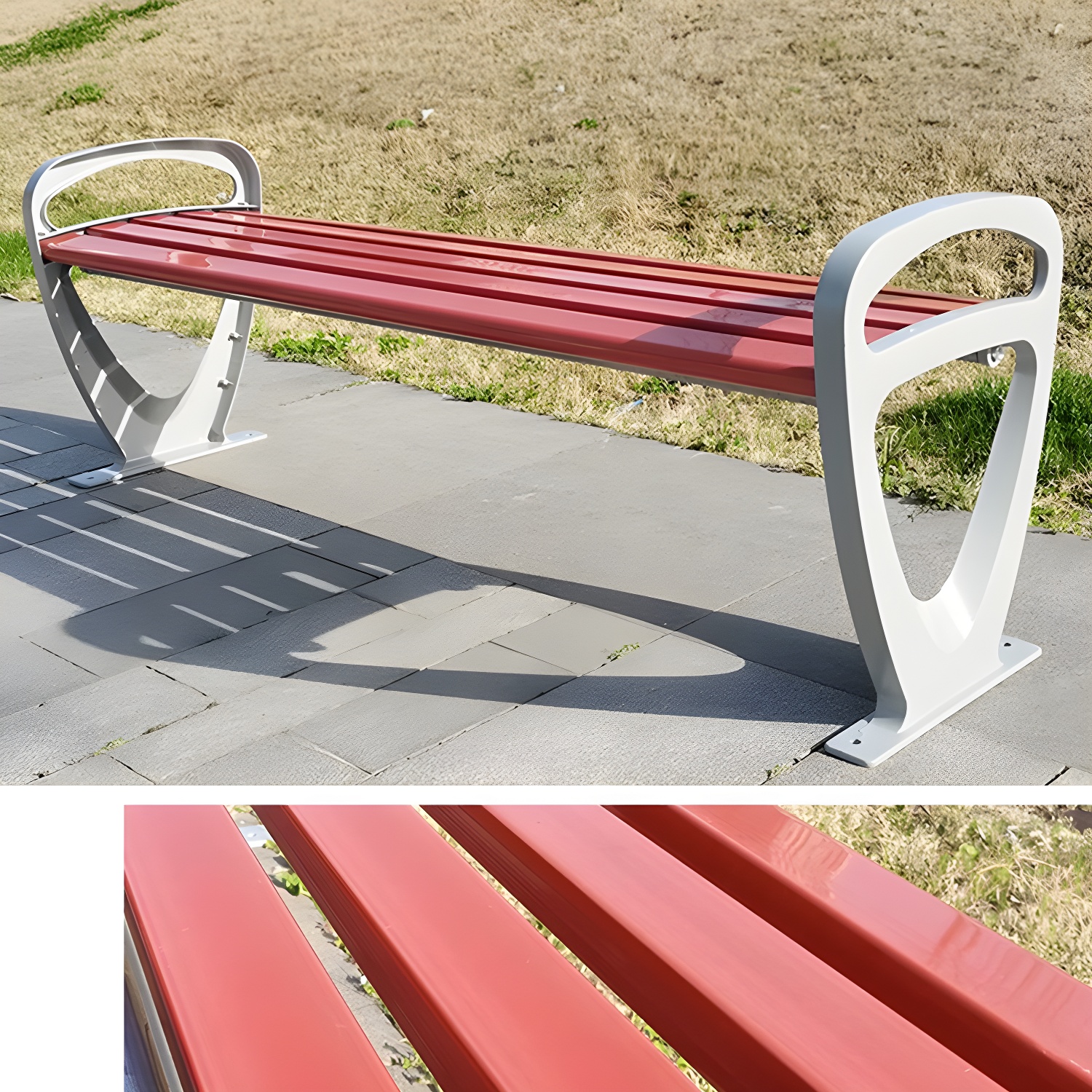 Industrial Metal Park Bench with Curved Seat and Waterproof Wood - Fire Resistant
